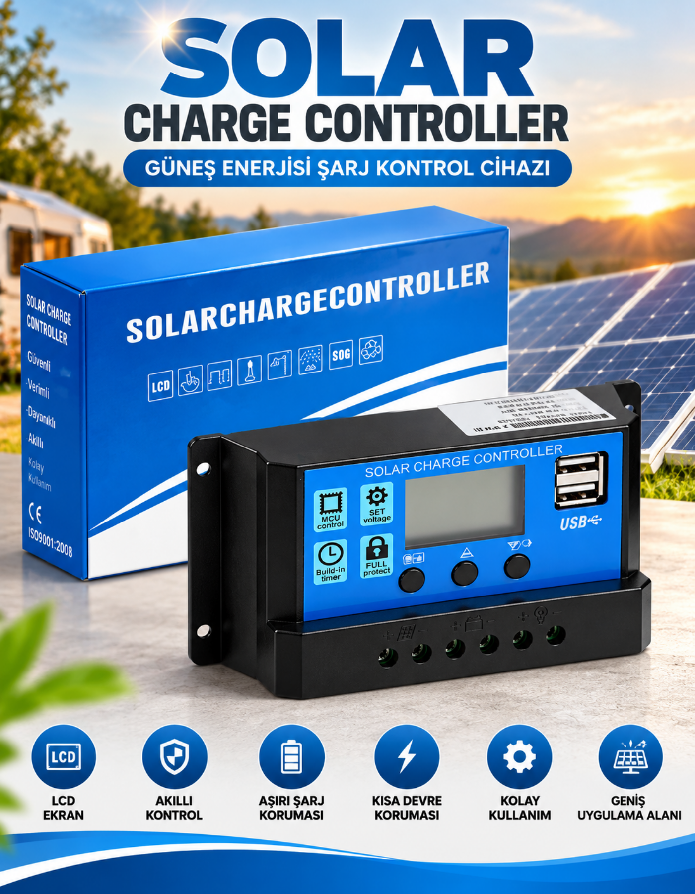 20A Dijital Solar Şarj Akü Kontrol Paneli Güneş Enerjisi USB