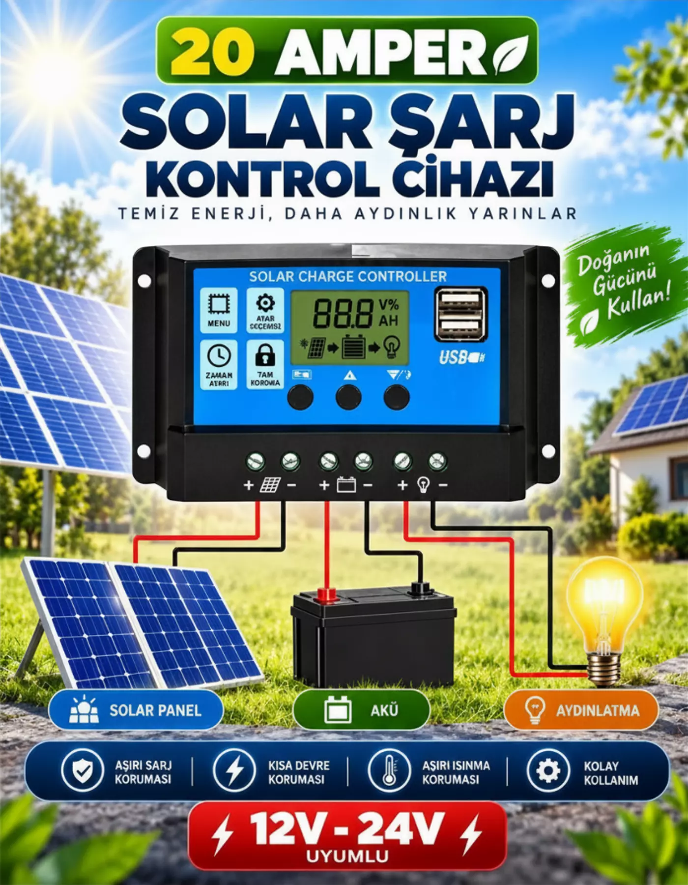 20A Dijital Solar Şarj Akü Kontrol Paneli Güneş Enerjisi USB