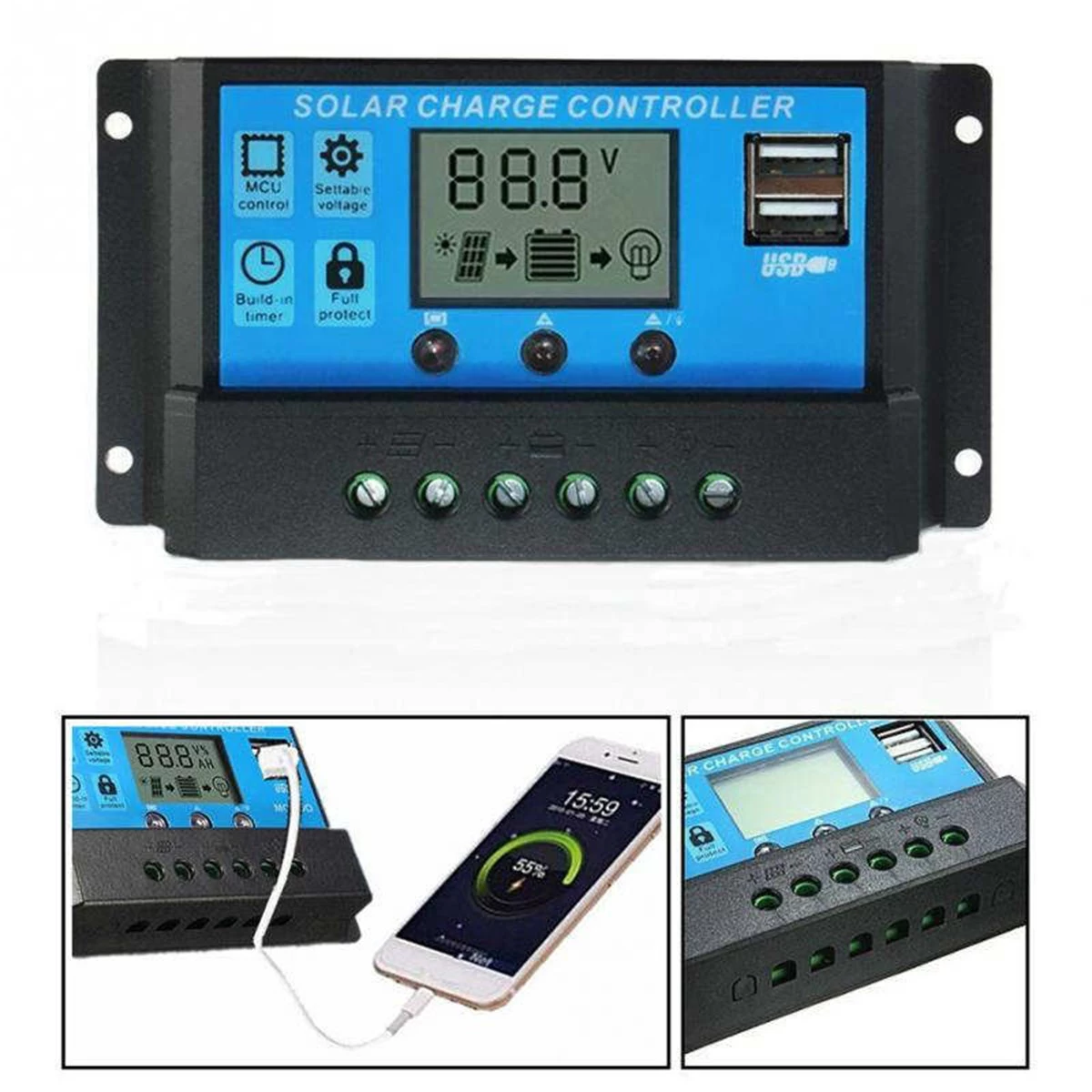 20A Dijital Solar Şarj Akü Kontrol Paneli Güneş Enerjisi USB