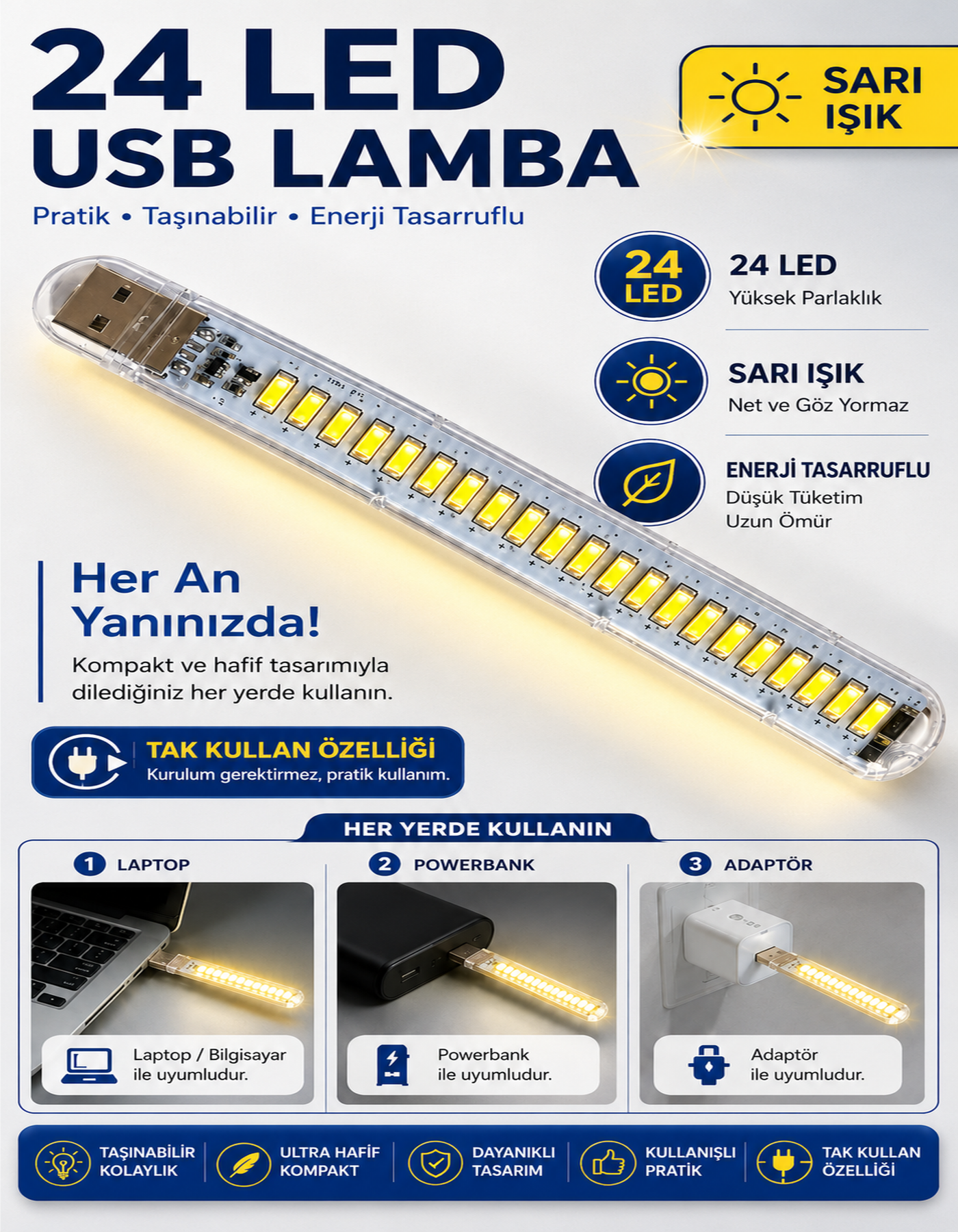 24 Led Günışığı Taşınabilir Mini Usb Led Lamba 5730 Smd Kamp Stick Led