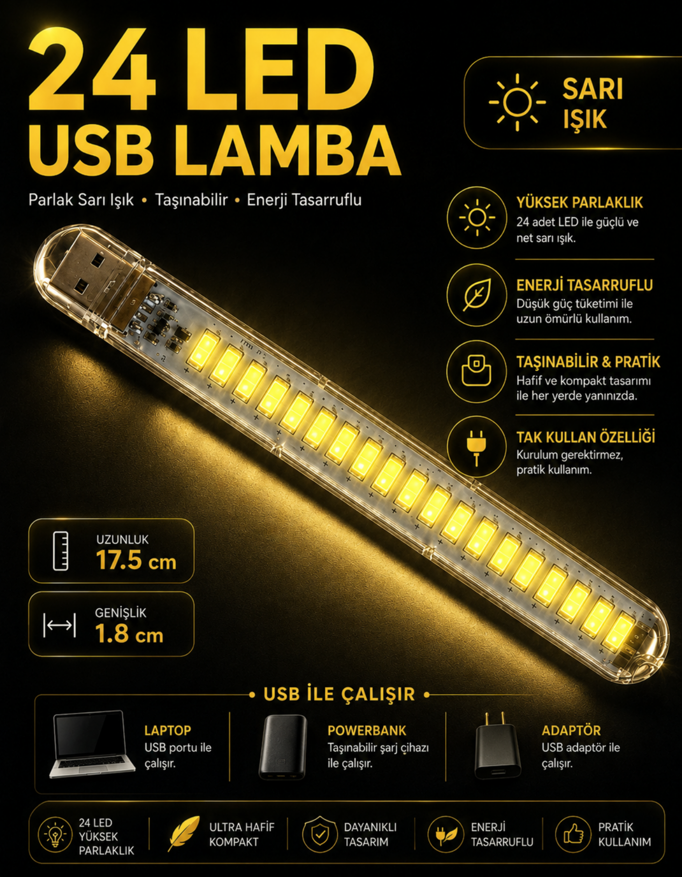 24 Led Günışığı Taşınabilir Mini Usb Led Lamba 5730 Smd Kamp Stick Led