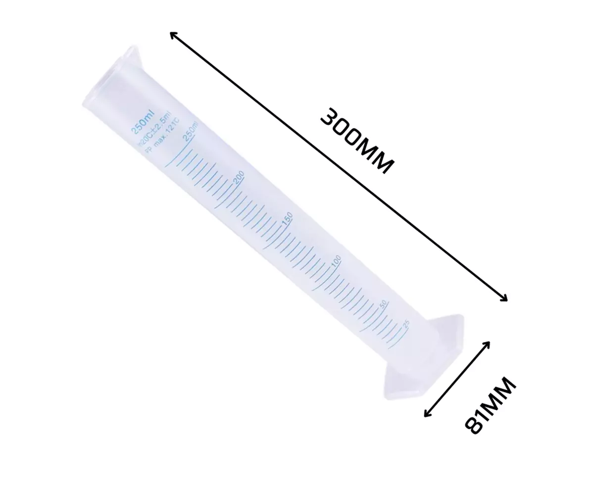 250ml Silindir Plastik Polipropilen Mezür Mavi Kabartma Skala Uzun Form