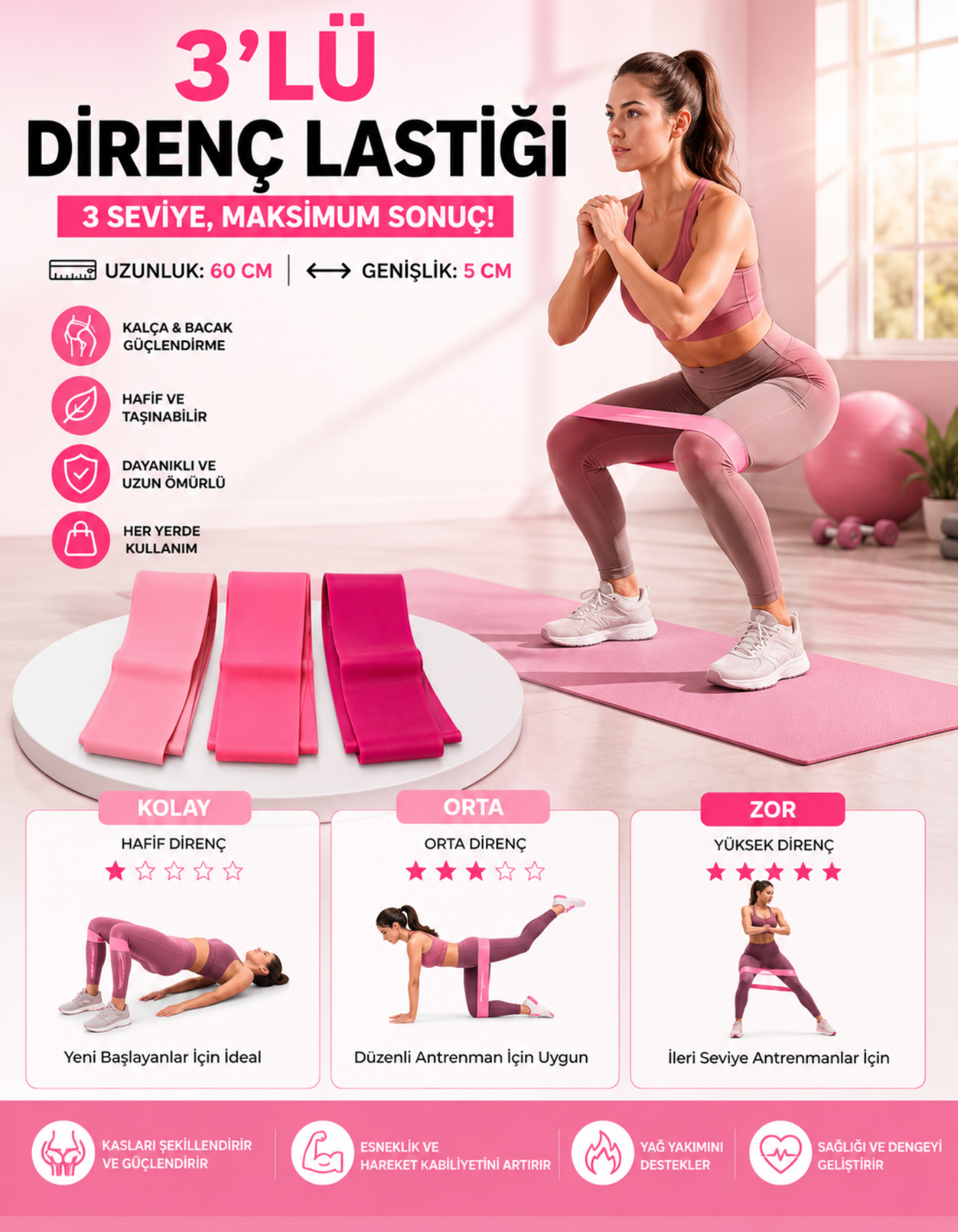 3 Adet Pilates Bandı Plates Egzersiz Direnç Lastiği Seti