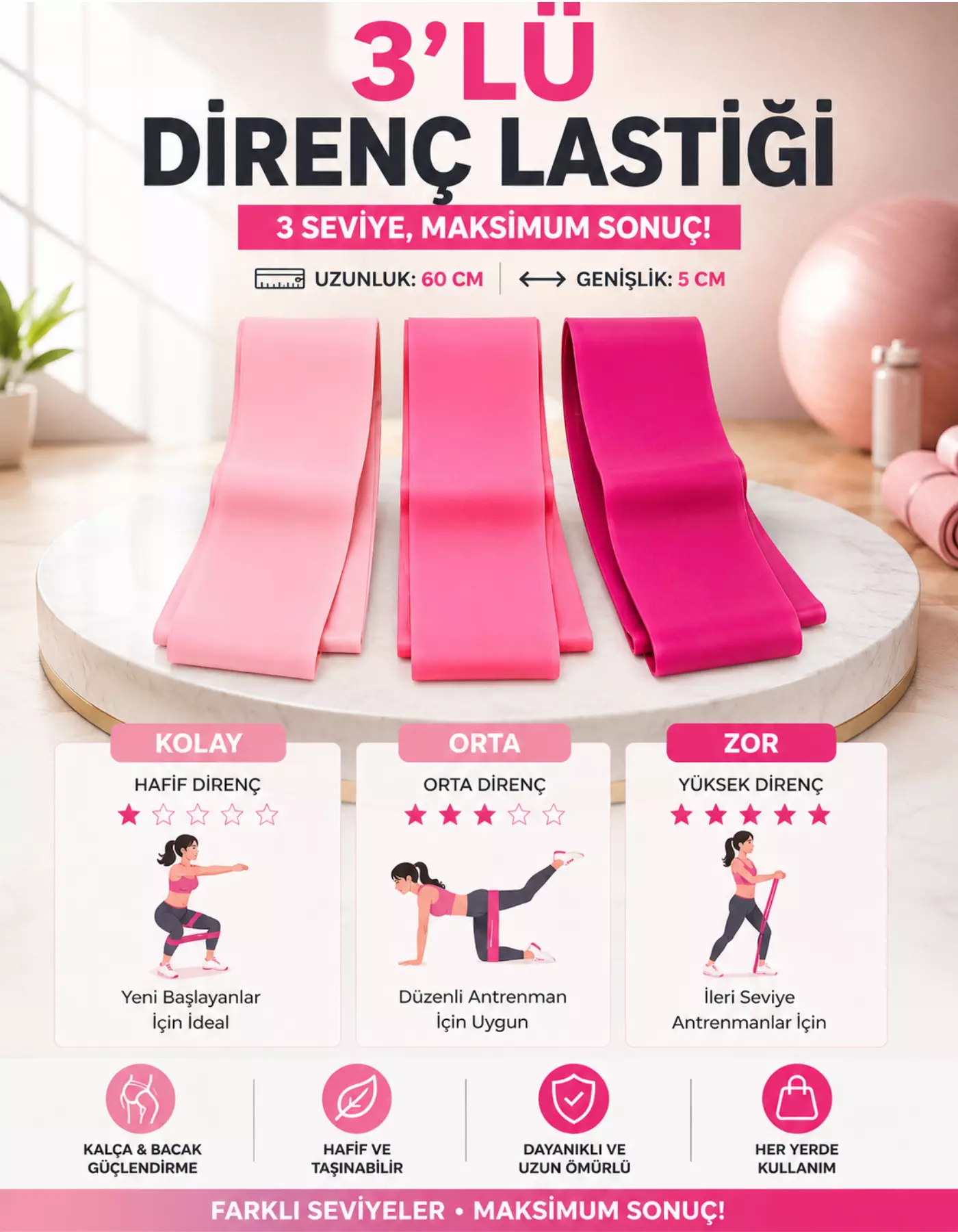 3 Adet Pilates Bandı Plates Egzersiz Direnç Lastiği Seti