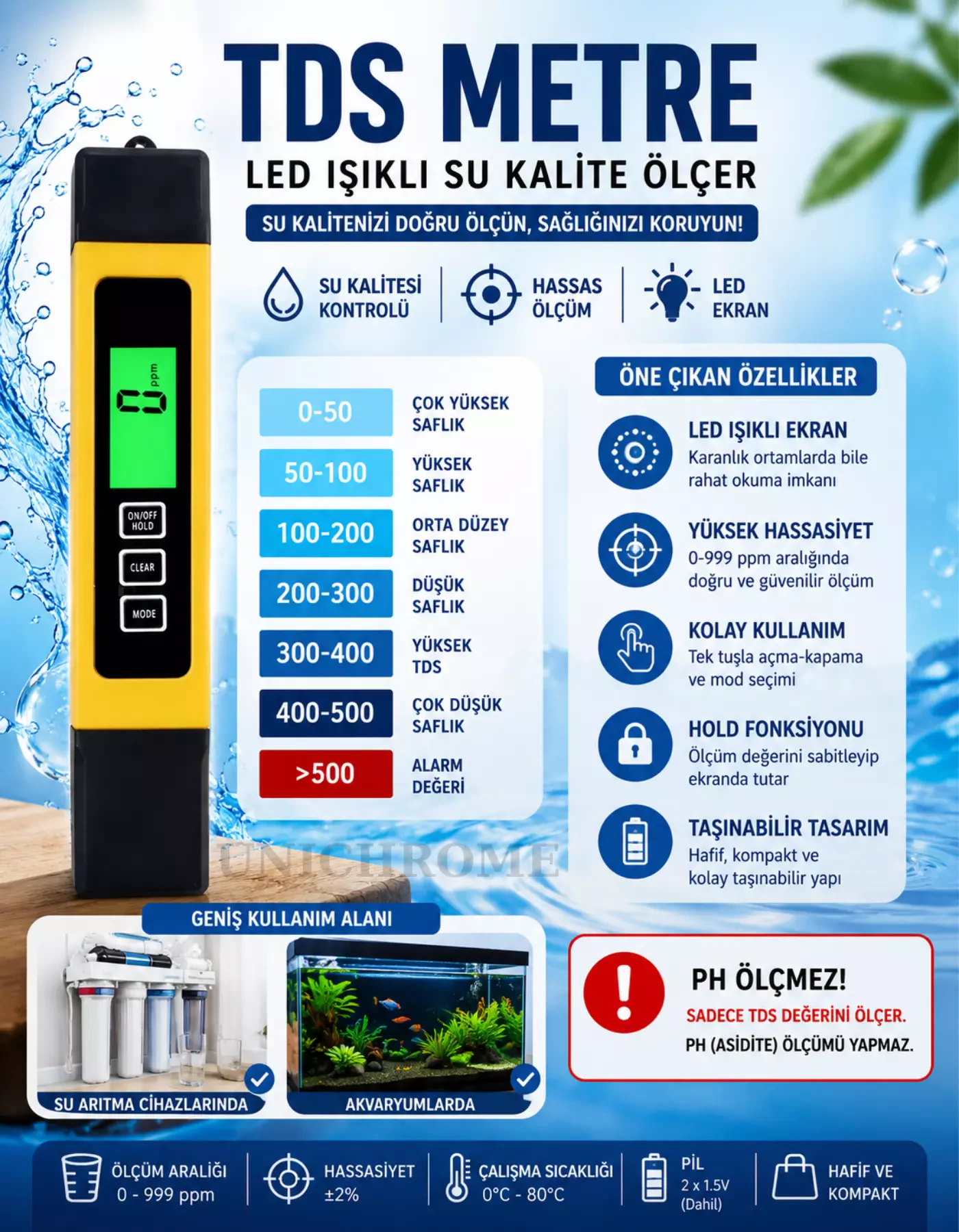 3 in 1 TDS Sıcaklık ve iletkenlik Metre LED Işıklı Su Kalite Analiz Cihazı