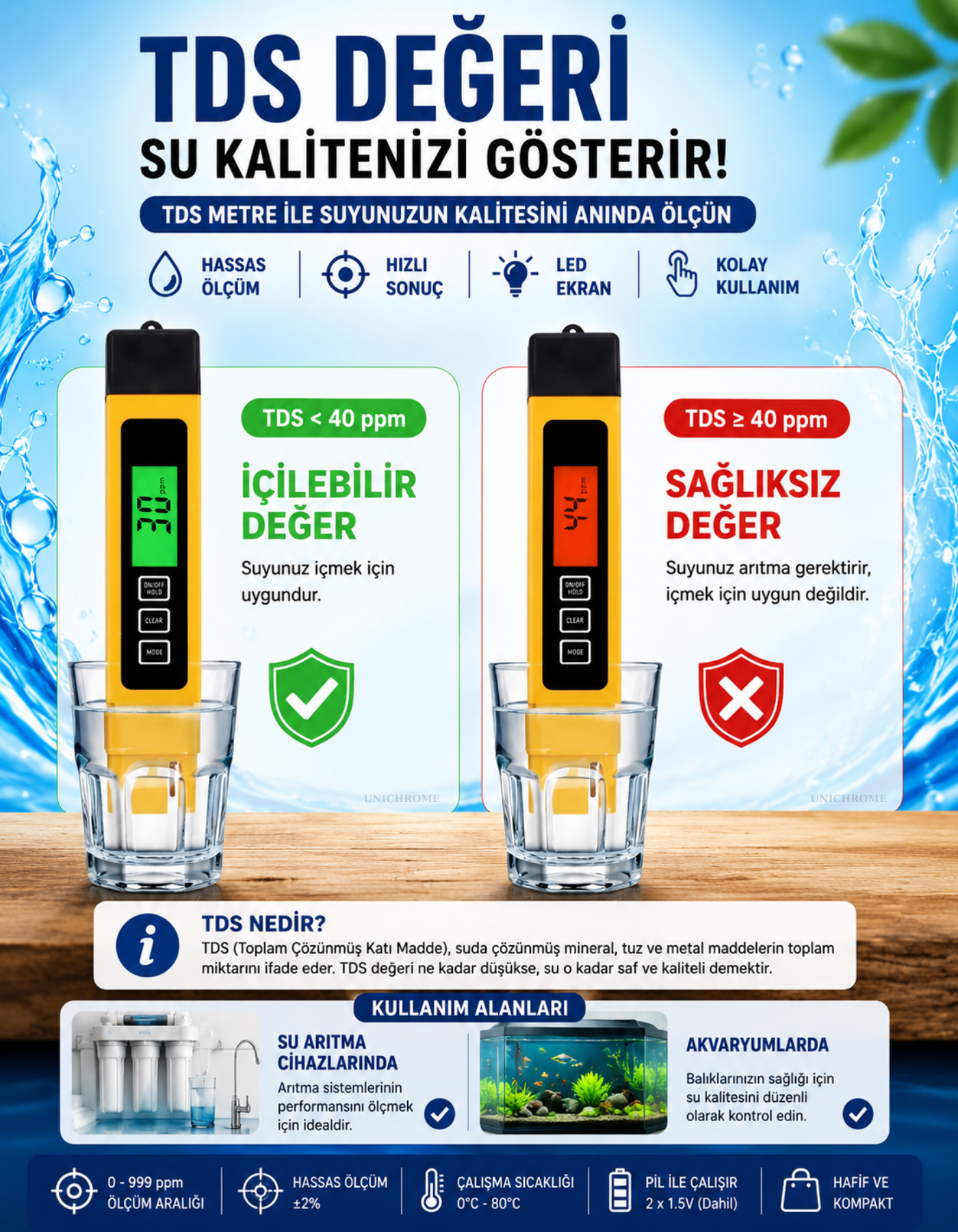3 in 1 TDS Sıcaklık ve iletkenlik Metre LED Işıklı Su Kalite Analiz Cihazı