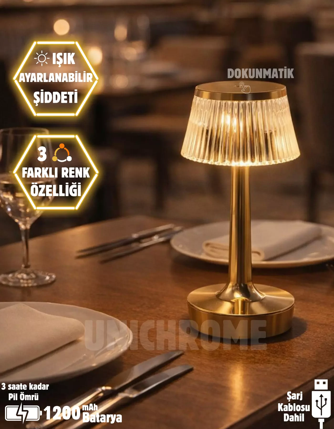 3 Işık Renkli Şarjlı Masa Lambası Dim Edilebilir Gold Metal Görünümlü Gece Lambası