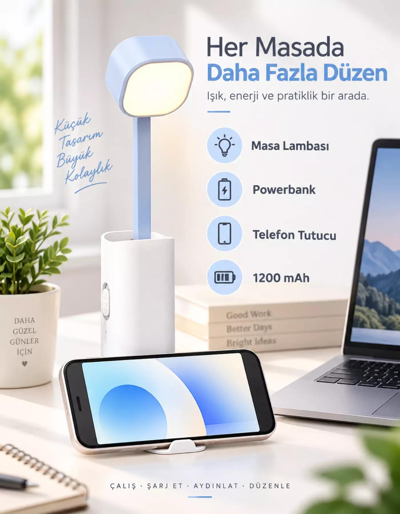 3 Kademe Işıklı Çok Fonksiyonlu Masa Lambası Powerbank Telefon Standı Fener 4in1 1200mAh