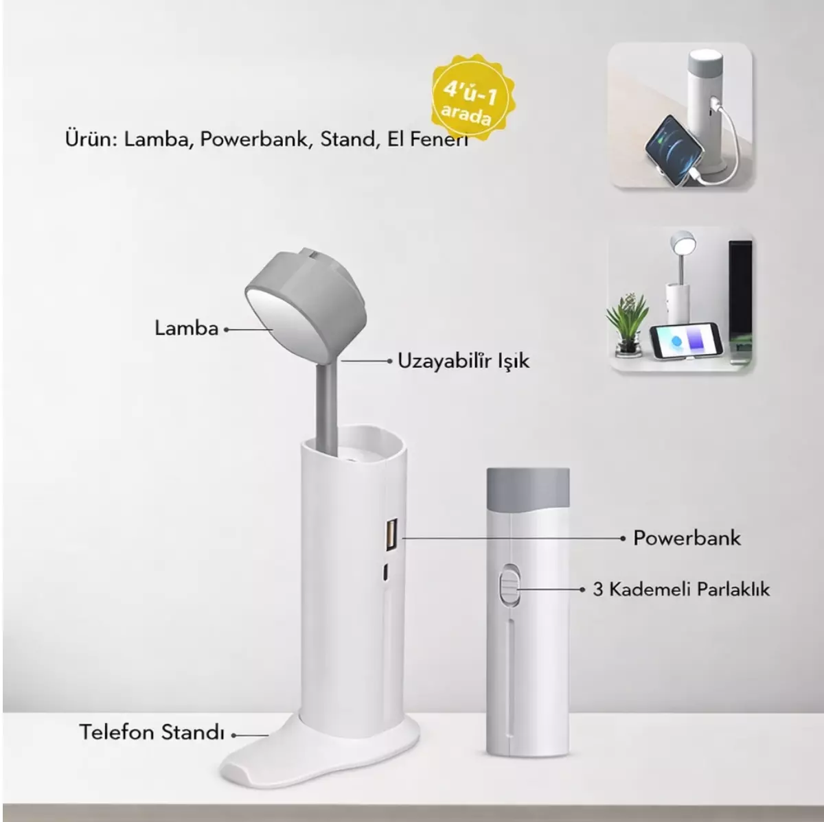 3 Kademe Işıklı Çok Fonksiyonlu Masa Lambası Powerbank Telefon Standı Fener 4in1 1200mAh