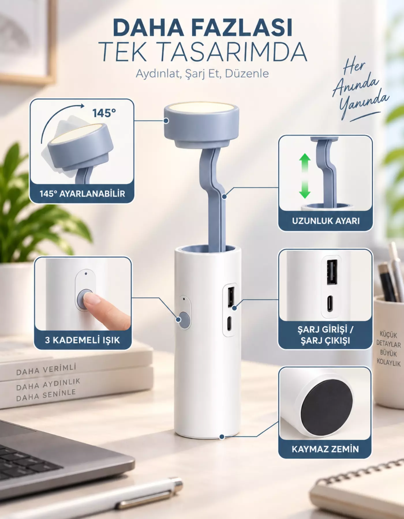 3 Kademe Işıklı Çok Fonksiyonlu Masa Lambası Powerbank Telefon Standı Fener 4in1 1200mAh
