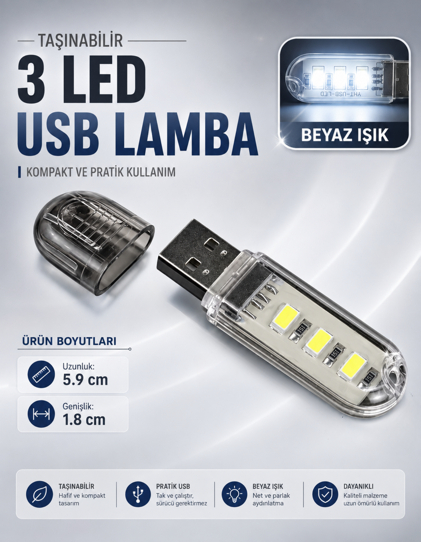 3 Led Beyaz Taşınabilir Mini Usb Led Lamba 5730 Smd Kamp Stick Led
