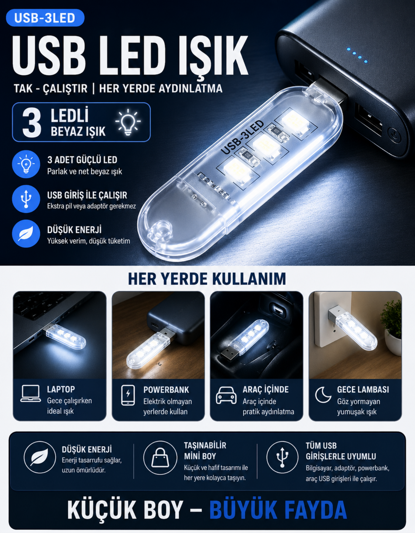3 Led Beyaz Taşınabilir Mini Usb Led Lamba 5730 Smd Kamp Stick Led