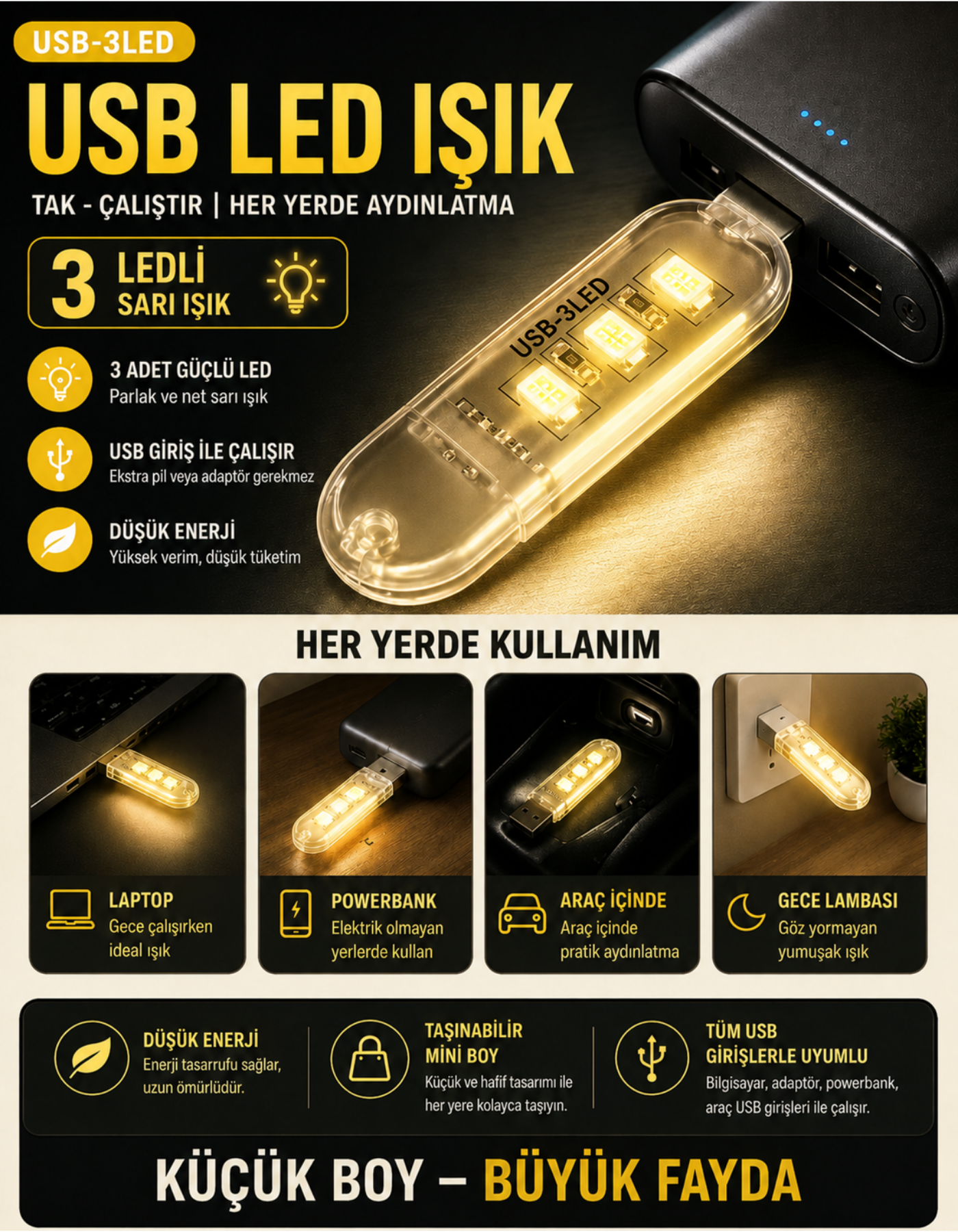 3 Led Günışığı Taşınabilir Mini Usb Led Lamba 5730 Smd Kamp Stick Led