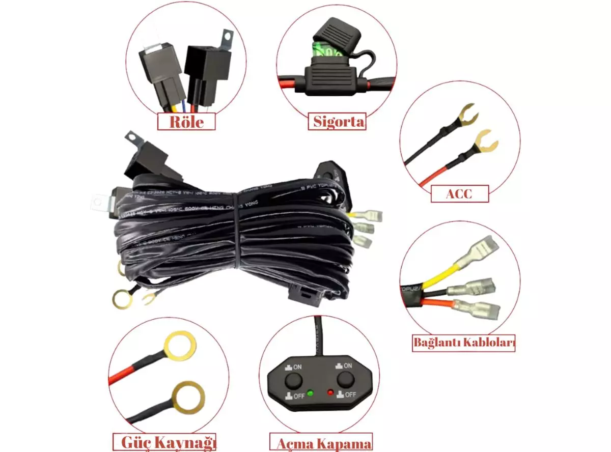 300W 16 AWG Kablo Demeti 15A Off Road LED Çift Tuşlu Kumandalı Kablo Açma Kapma