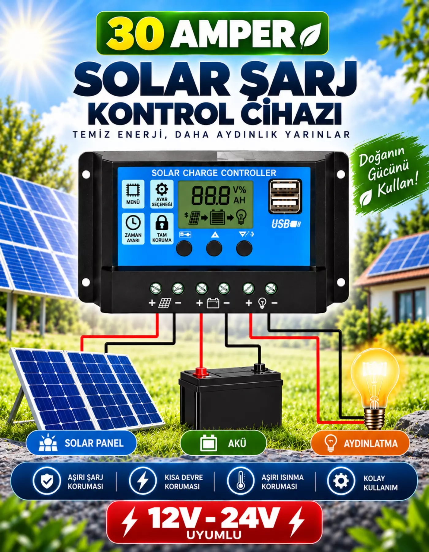 30A Dijital Solar Şarj Akü Kontrol Cihazı Güneş Enerjisi USBli