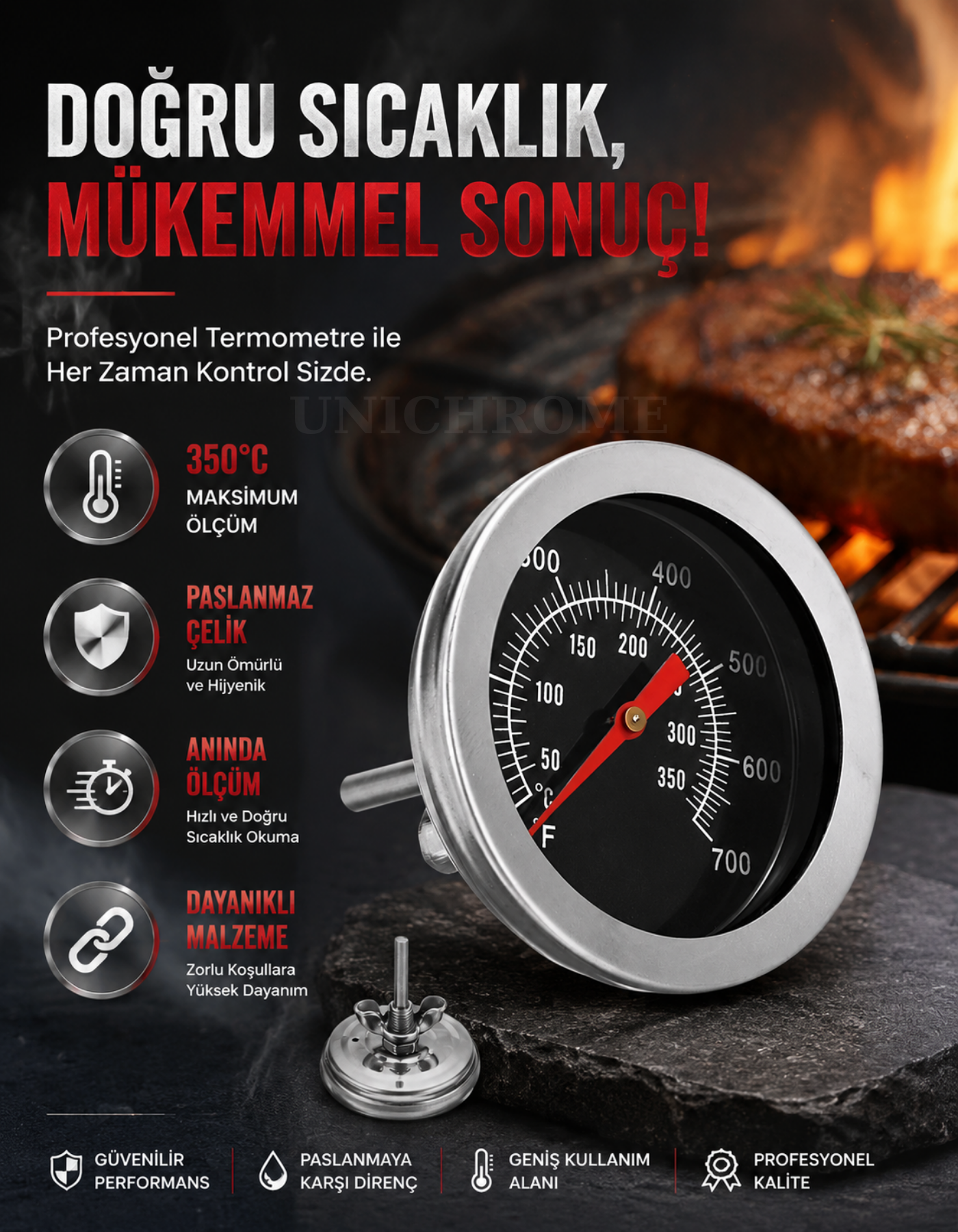 350 Santigrat Derece Paslanmaz Çelik Barbekü Izgara Fırın Termometre Sıcaklık Ölçer