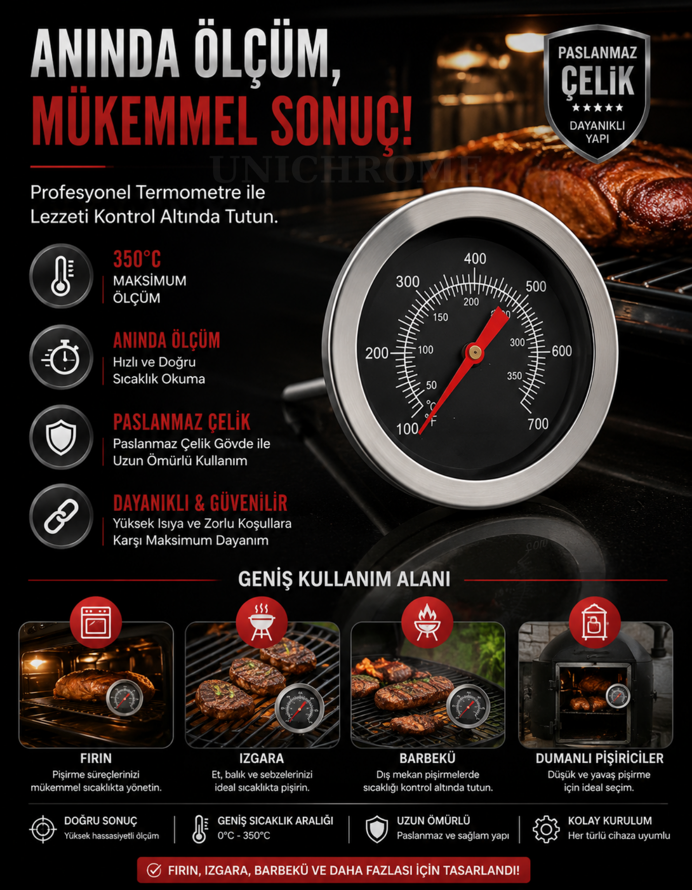 350 Santigrat Derece Paslanmaz Çelik Barbekü Izgara Fırın Termometre Sıcaklık Ölçer