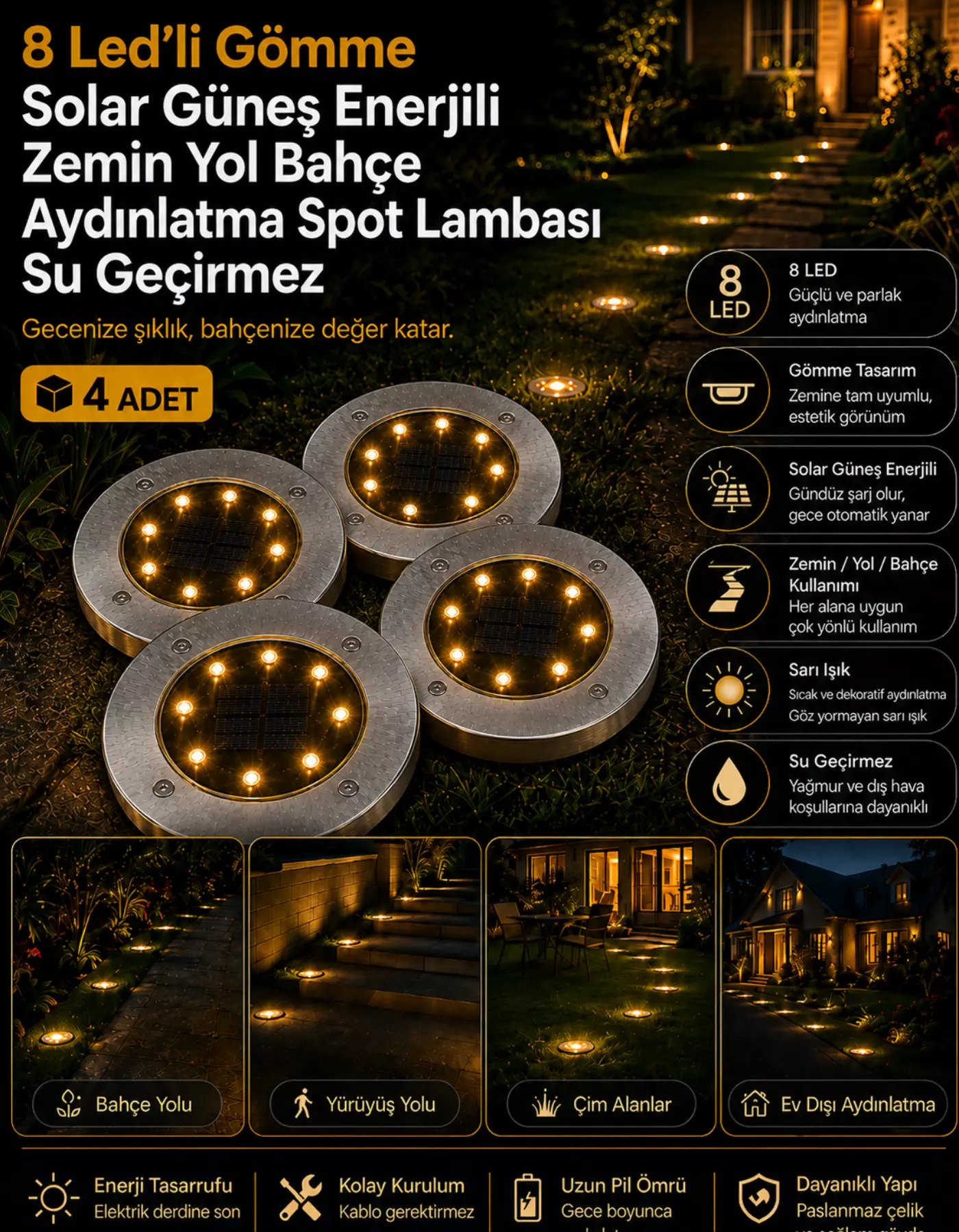 4 Adet 8 LED'li Gömme Solar Güneş Enerjili Zemin Yol Bahçe Aydınlatma Spot Lambası Su Geçirmez