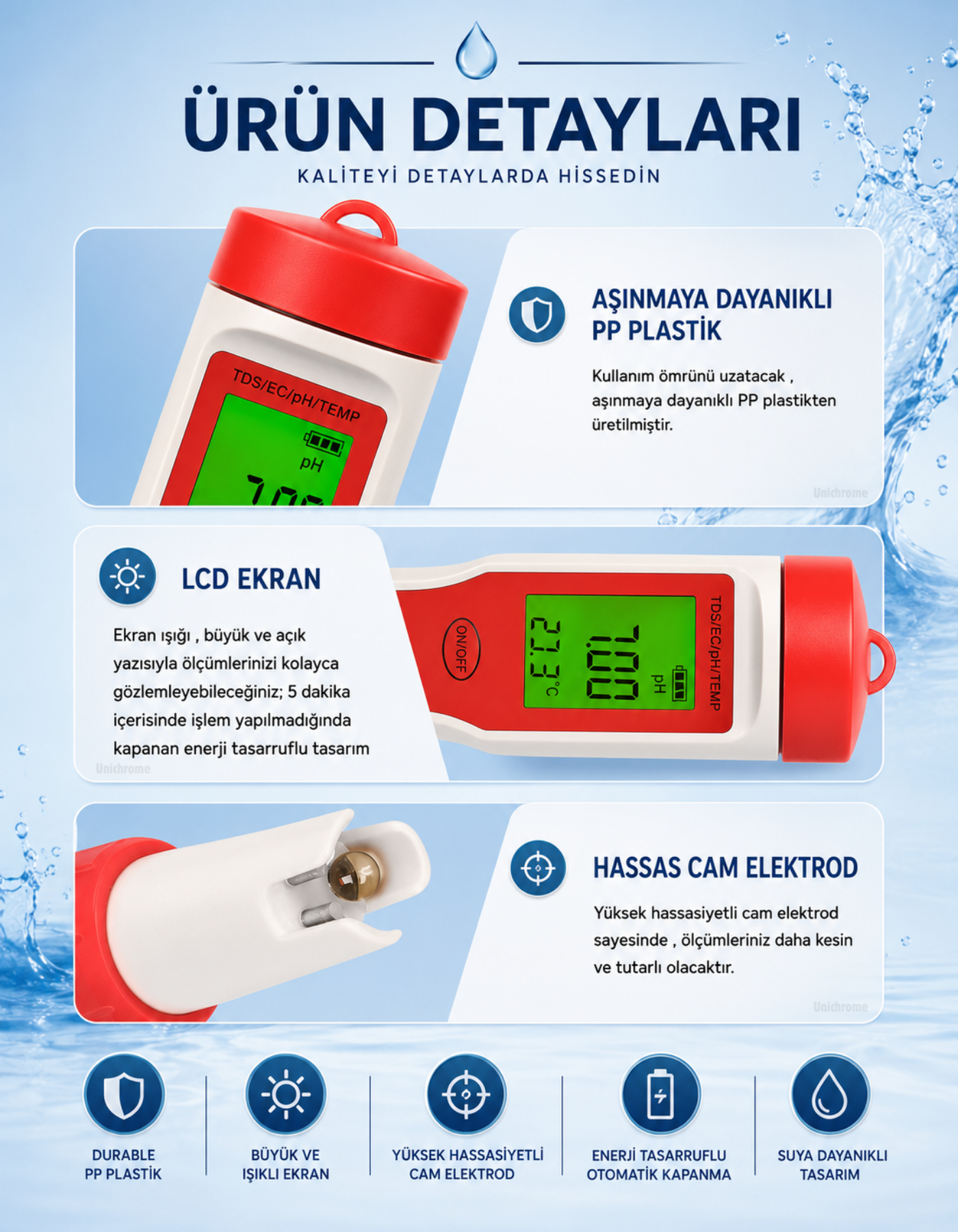 4 in 1 PH EC TDS Sıcaklık Ölçer LED Su Kalite Test Ölçüm Cihazı