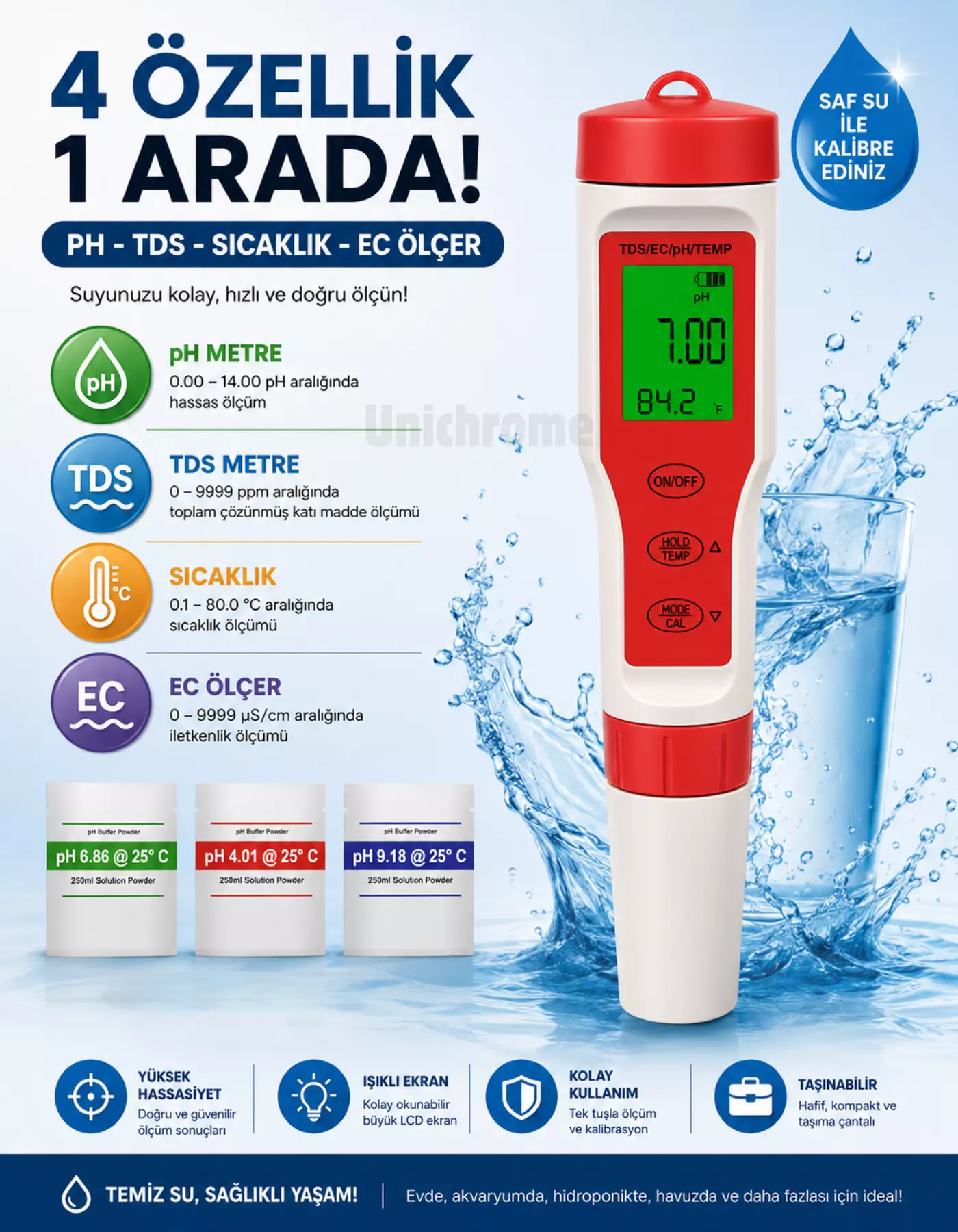 4 in 1 PH EC TDS Sıcaklık Ölçer LED Su Kalite Test Ölçüm Cihazı