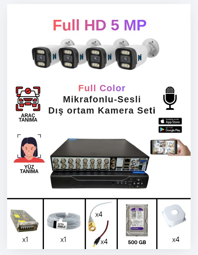 4 Lü Sesli Güvenlik Kamerası 5 Mp Gece Renkli Yüz Ve Araç Tanımalı Full Hd Kamera Sistemi