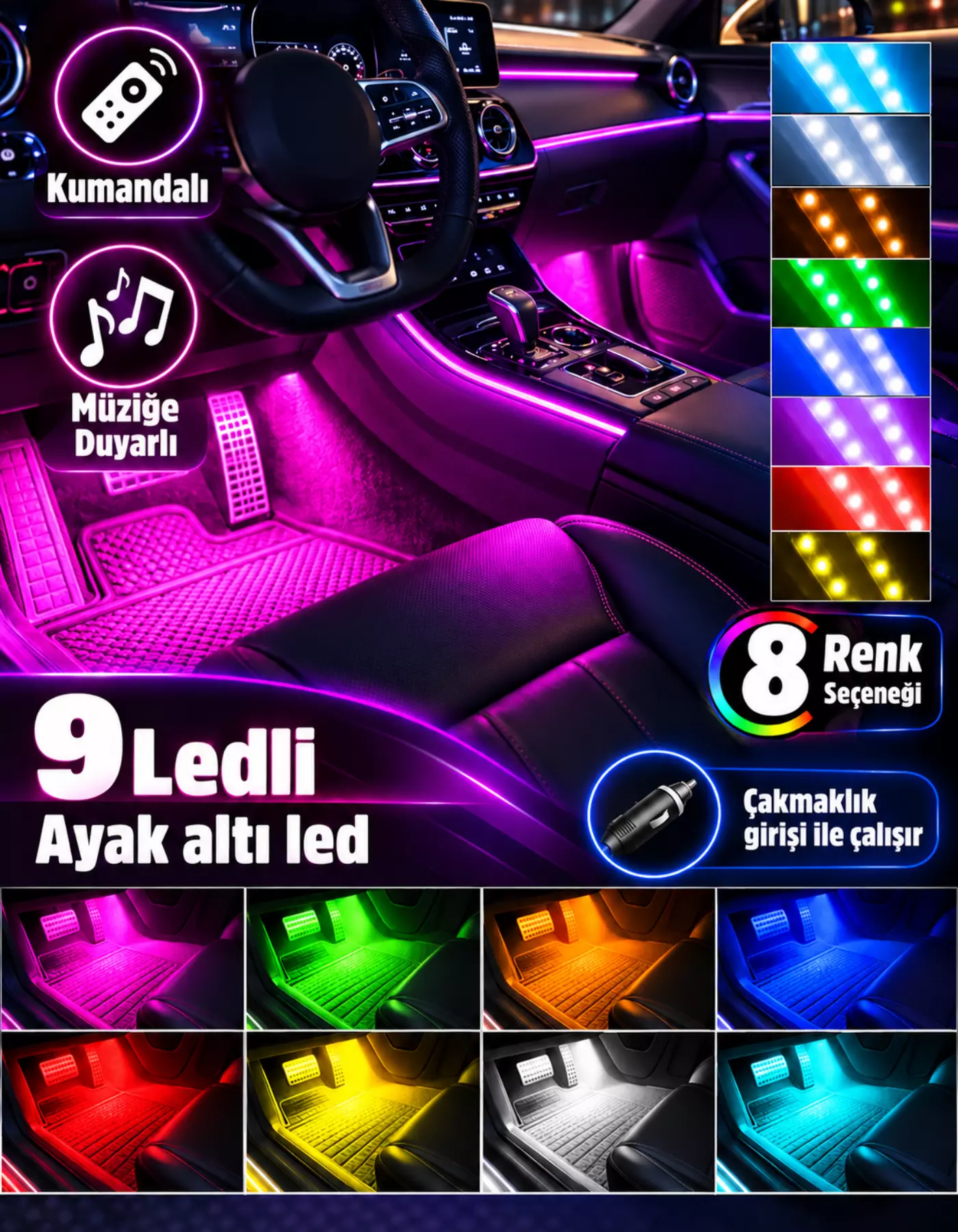 4 Parçalı Uzaktan Kumandalı Araç İçi Ayak Altı Ledi Atmosfer Işık 36 LED