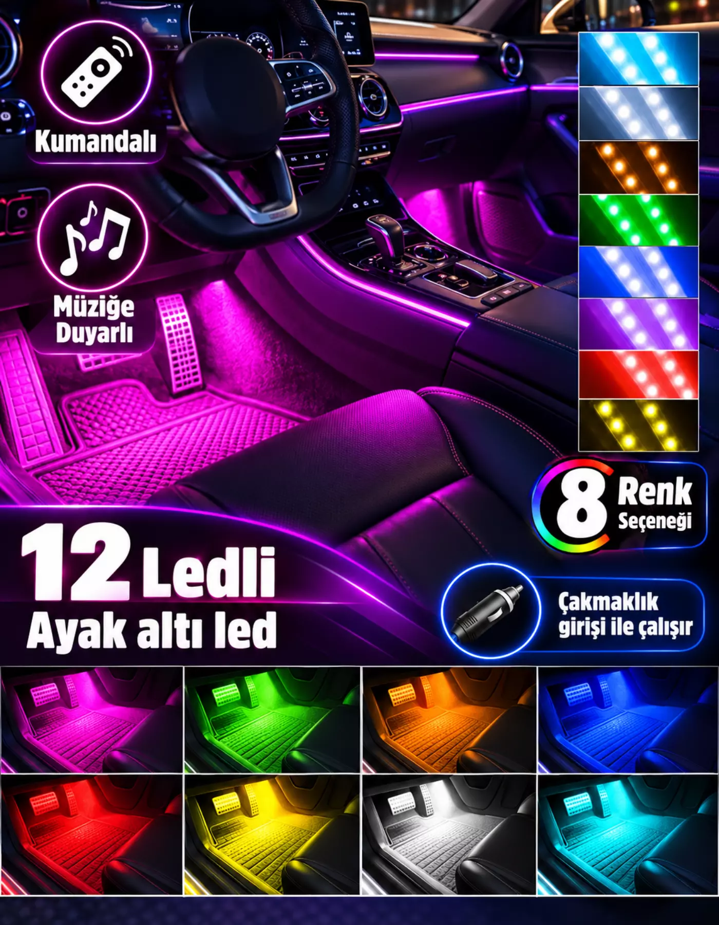 4 Parçalı Uzaktan Kumandalı Ayak Altı Araç Içi 48 Led Çok Renkli Araba Led Atmosfer Led Işık Şeridi