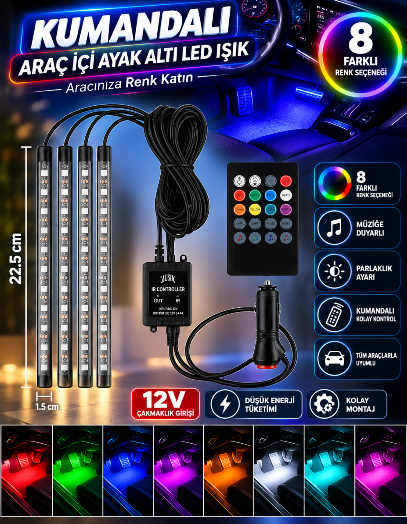 4 Parçalı Uzaktan Kumandalı Ayak Altı Araç Içi 48 Led Çok Renkli Araba Led Atmosfer Led Işık Şeridi