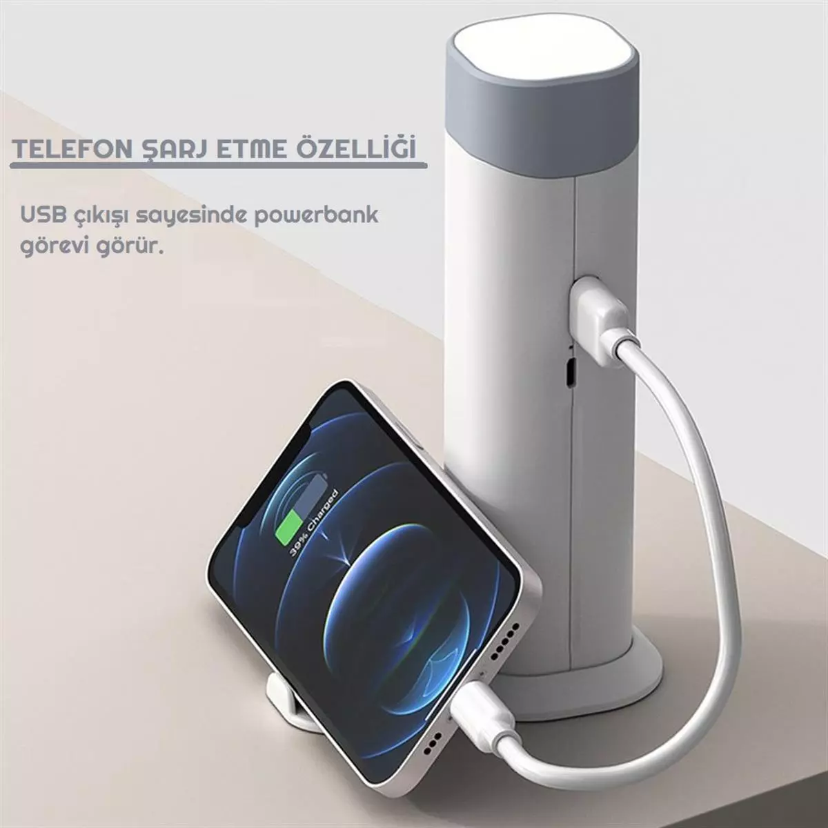4in1 4500mAh 3 Kademe Işıklı Şarj Edilebilir Masa Lambası Powerbank Telefon Standı Fener