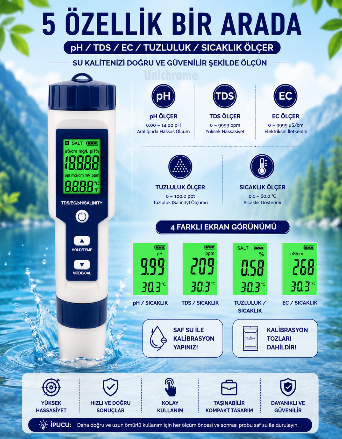 5in1 Dijital PH/TDS/EC/Tuzluluk/Sıcaklık Metre Işıklı Test Cihazı İletkenlik Kalem Model