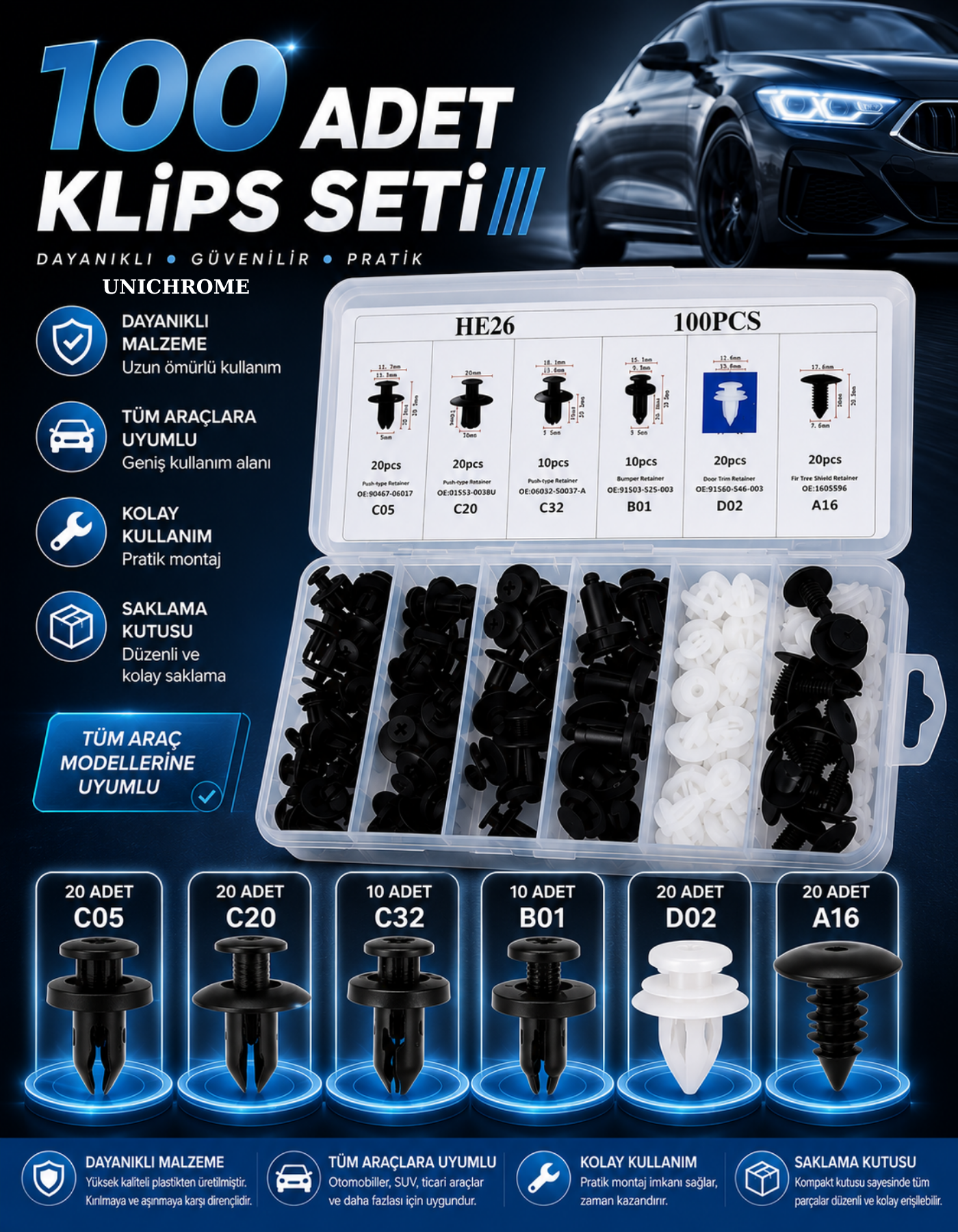 6 Boyutu 100 Adet Oto Fastener Klip Tampon Kapı Pervazı Tutucu Raptiye Seti
