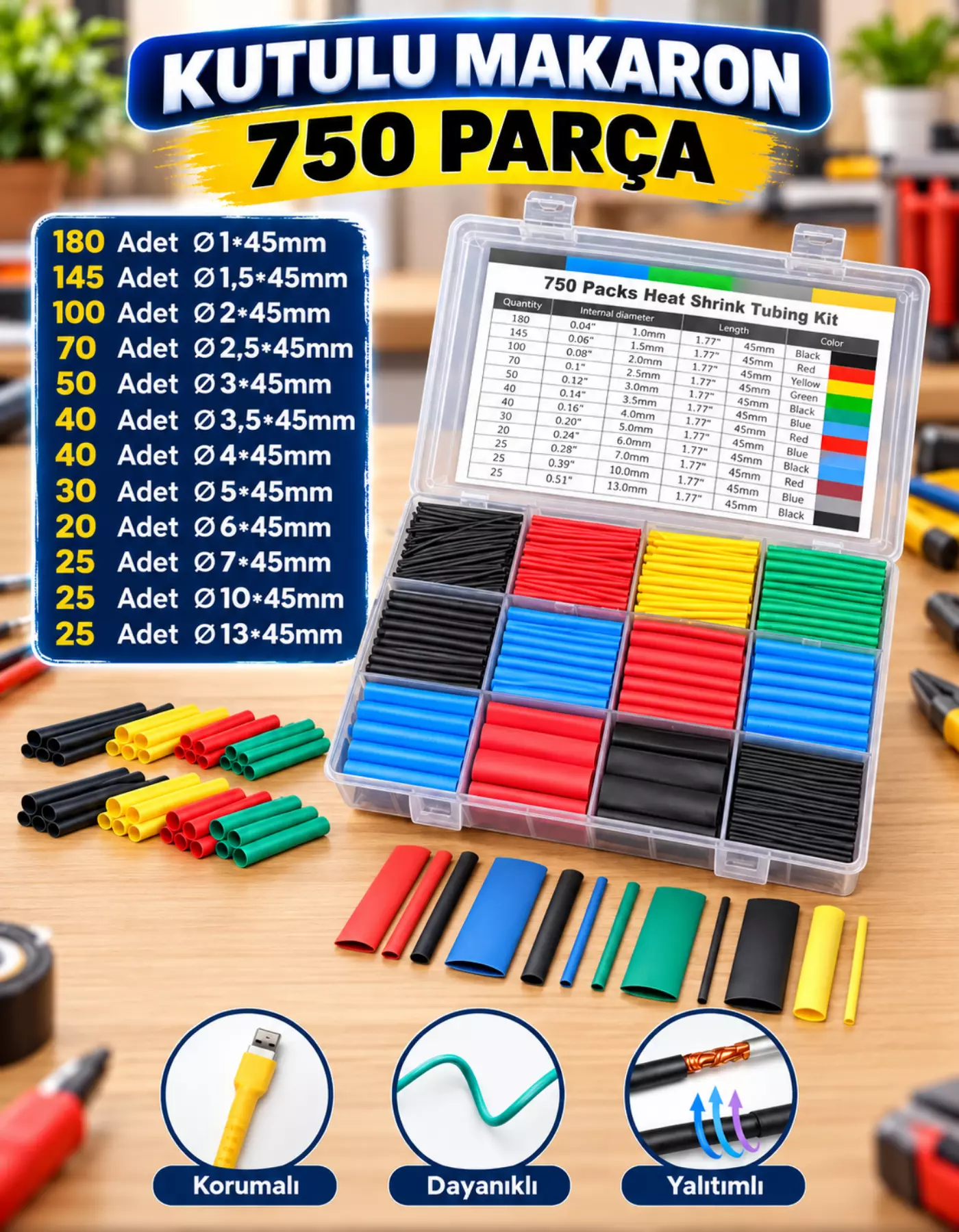 750 Parça Kutulu Heat Shrink Makaron Daralan Kablo Tamir Seti
