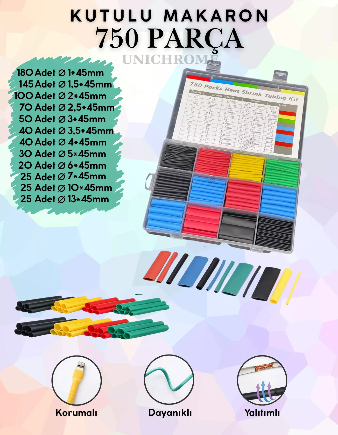 750 Parça Kutulu Heat Shrink Makaron Daralan Kablo Tamir Seti