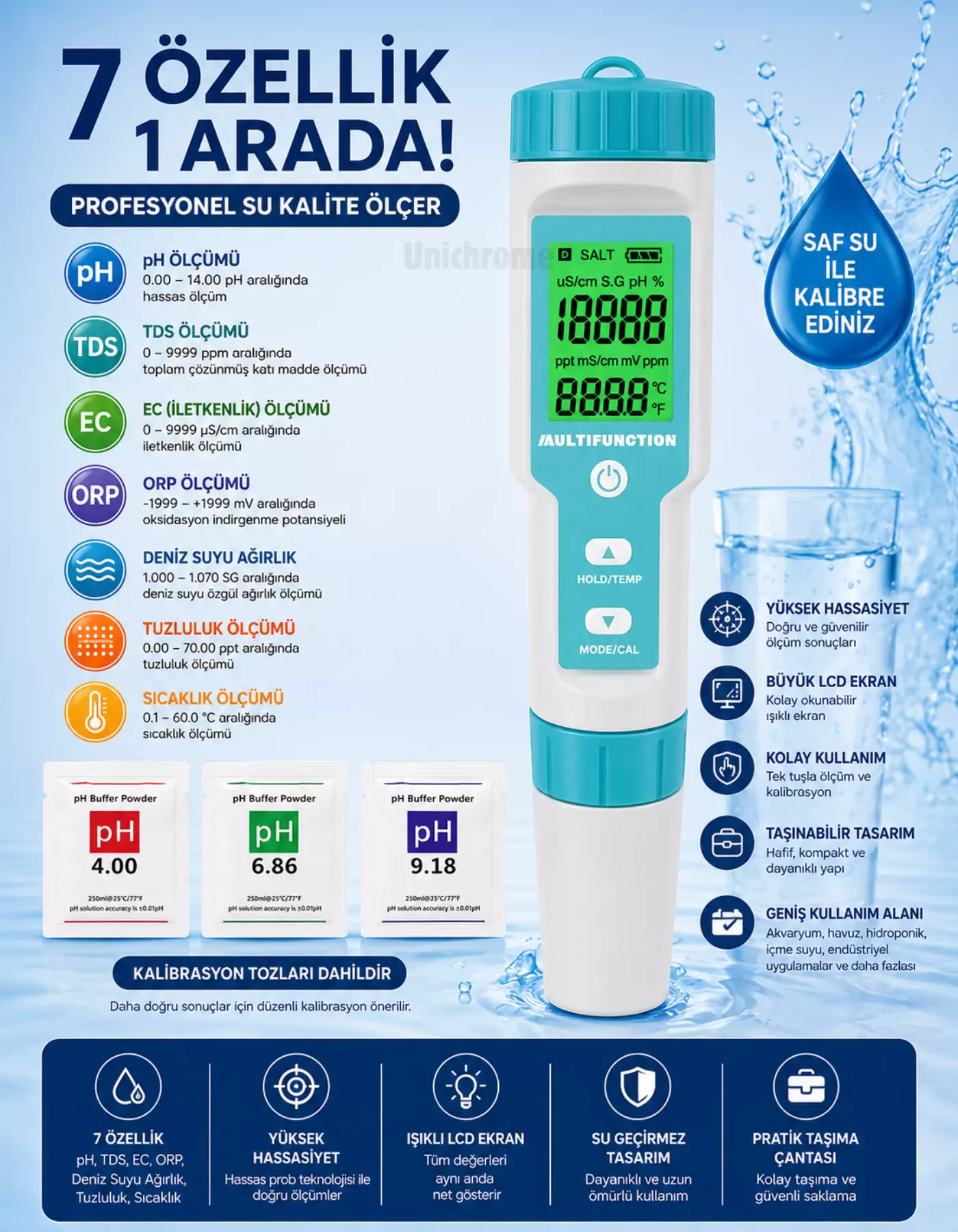 7in1 PH/TDS/EC/ORP/Deniz Suyu Ağırlık/Tuzluluk/Sıcaklık c-600 PH Ölçer Su Kalitesi Monitörü
