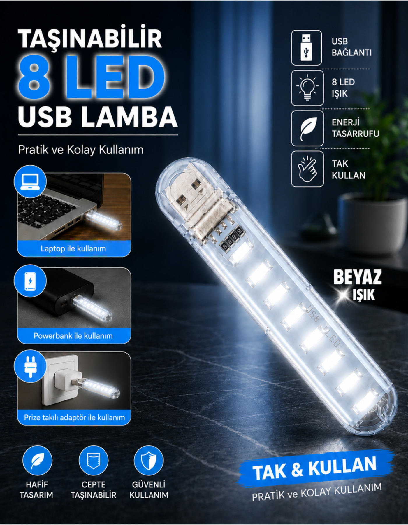 8 Led Beyaz Taşınabilir Mini Usb Led Lamba 5730 Smd Kamp Stick Led