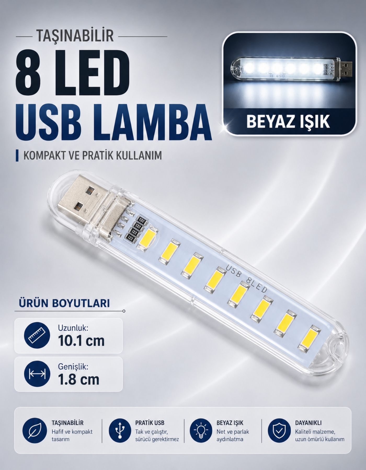 8 Led Beyaz Taşınabilir Mini Usb Led Lamba 5730 Smd Kamp Stick Led