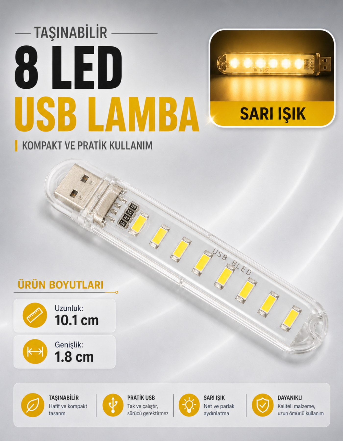8 Led Günışığı Taşınabilir Mini Usb Led Lamba 5730 Smd Kamp Stick Led