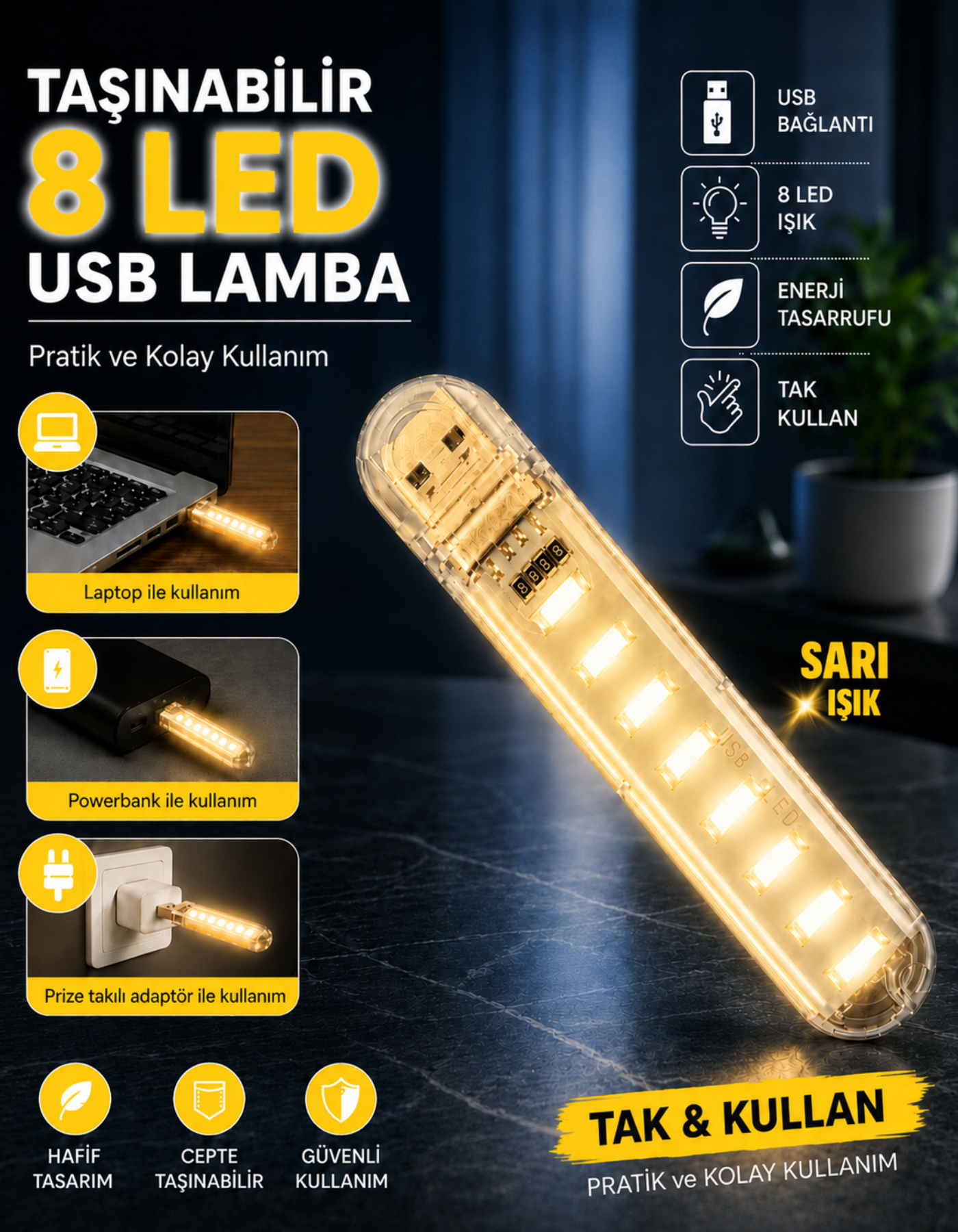 8 Led Günışığı Taşınabilir Mini Usb Led Lamba 5730 Smd Kamp Stick Led