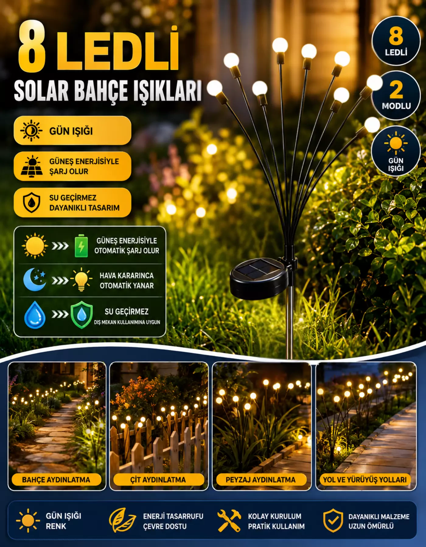 8 Led'li Güneş Enerjili Ateş Böceği Çiçek Lamba Güneş Enerjili Süs Lamba