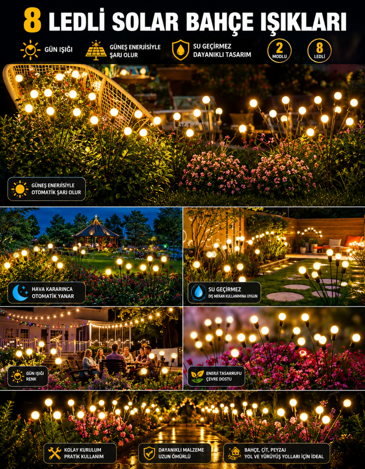 8 Led'li Güneş Enerjili Ateş Böceği Çiçek Lamba Güneş Enerjili Süs Lamba