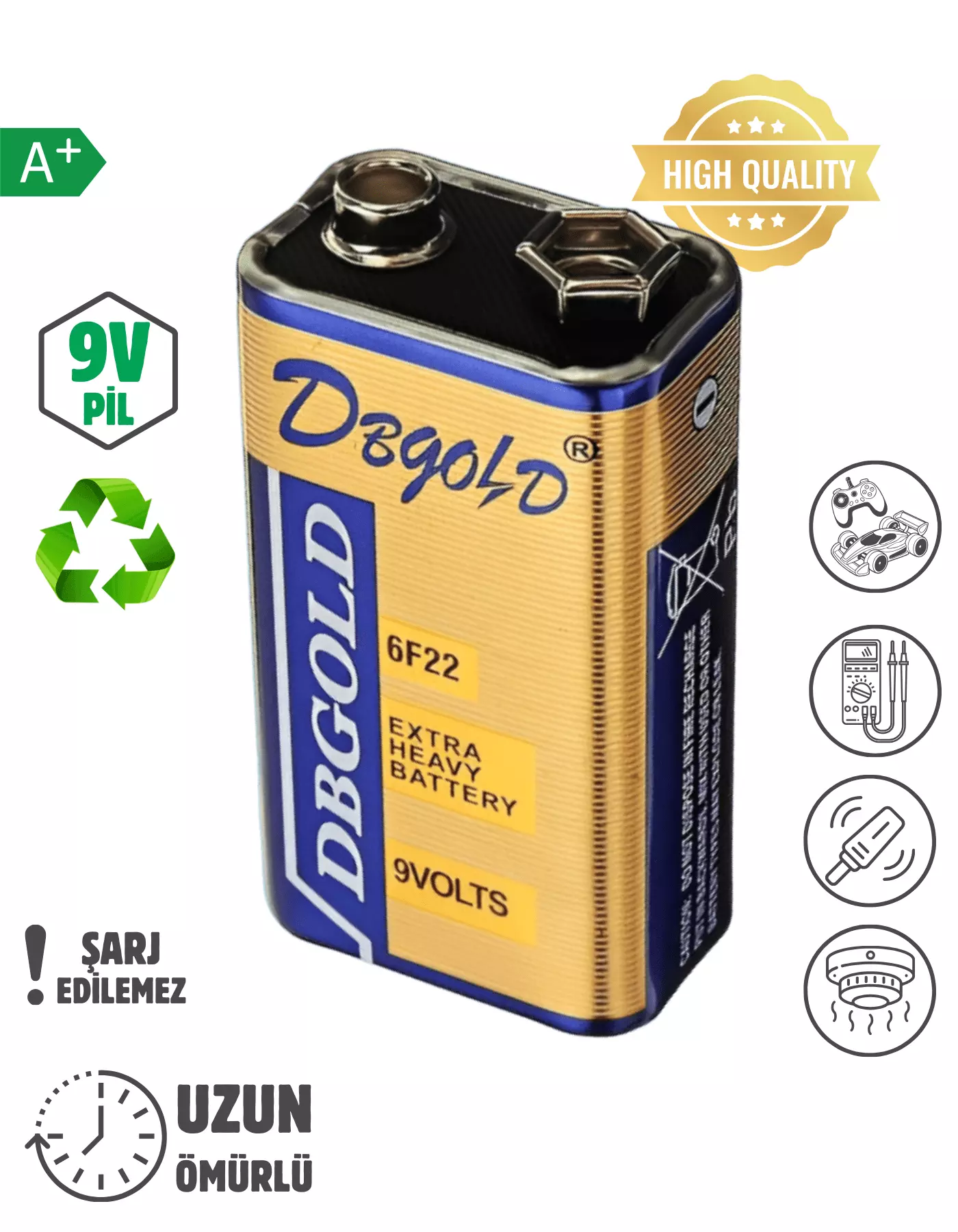 9 Volt Pil - 9V Multimetre Dedektör Oyuncak Araba Drone Kumanda Pili -9Volt Çift Başlı Kare Pil