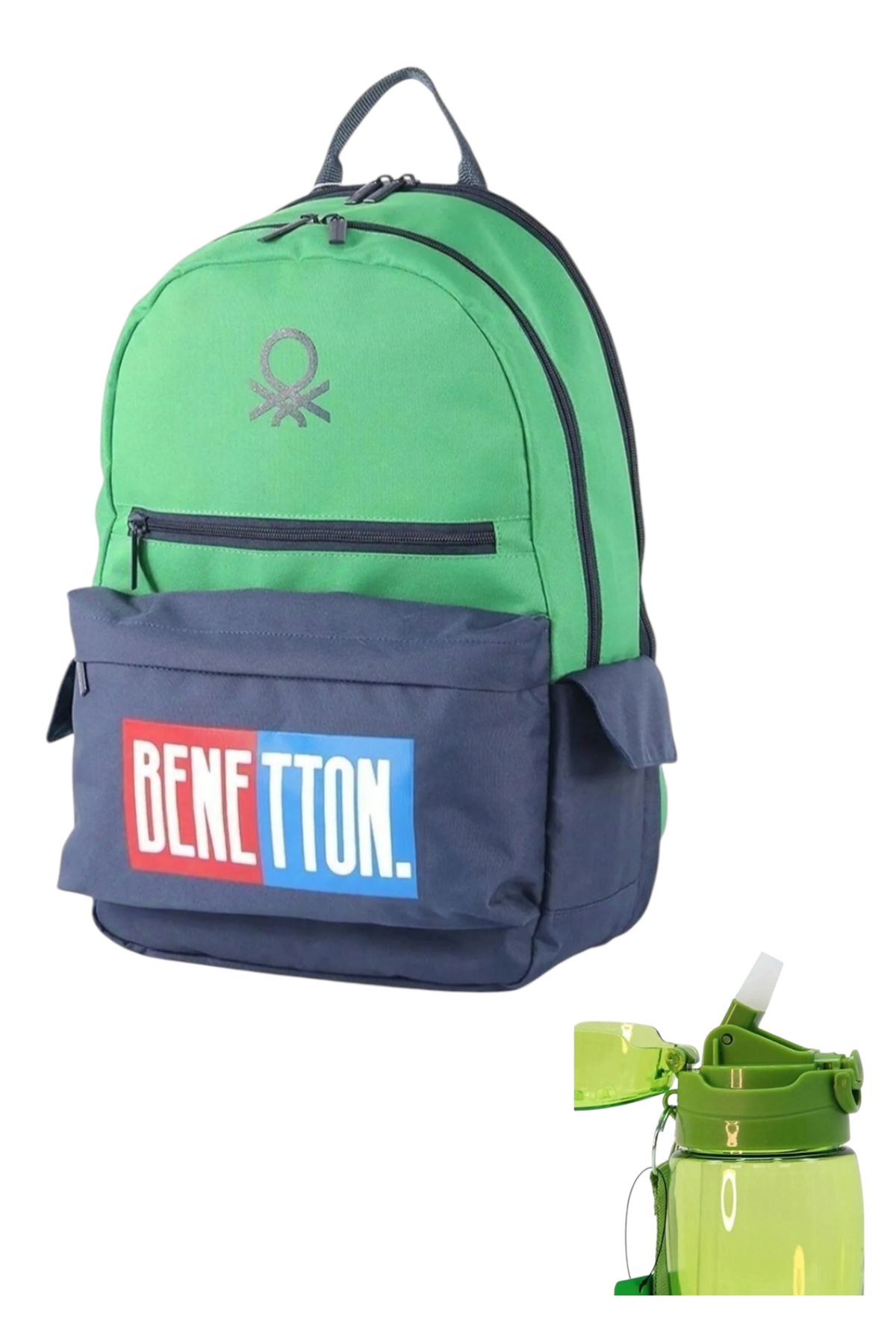Benetton Üç Bölmeli Okul Sırt Çantası Ve Otomatik Kilitli 700 ml Matara Seti