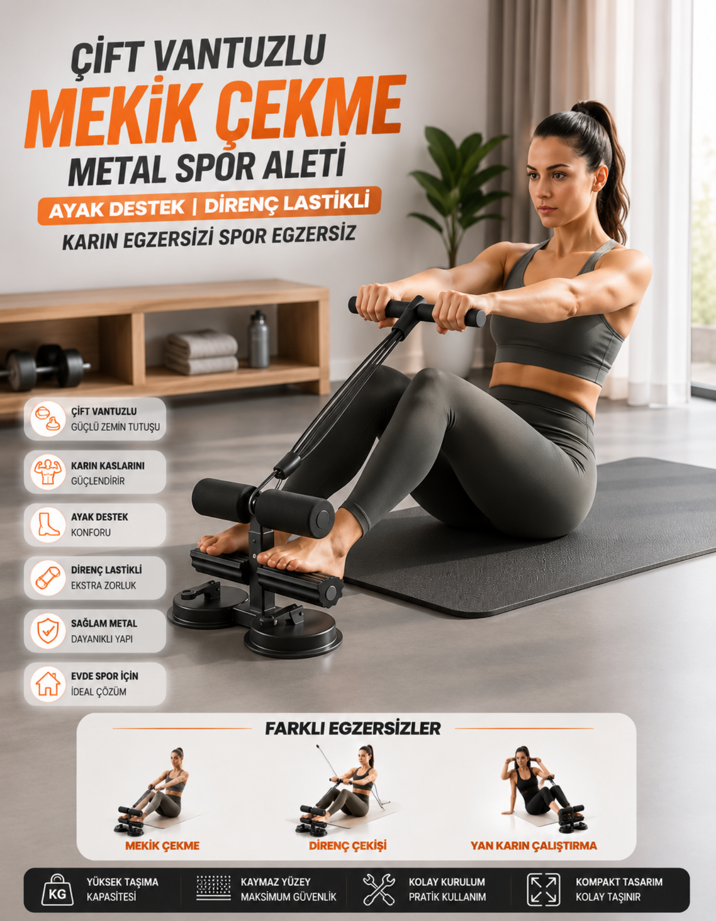 Çift Vantuzlu Mekik Çekme Metal Spor Aleti Ayak Destek Direnç Lastikli Karın Egzersizi Spor Egzersiz