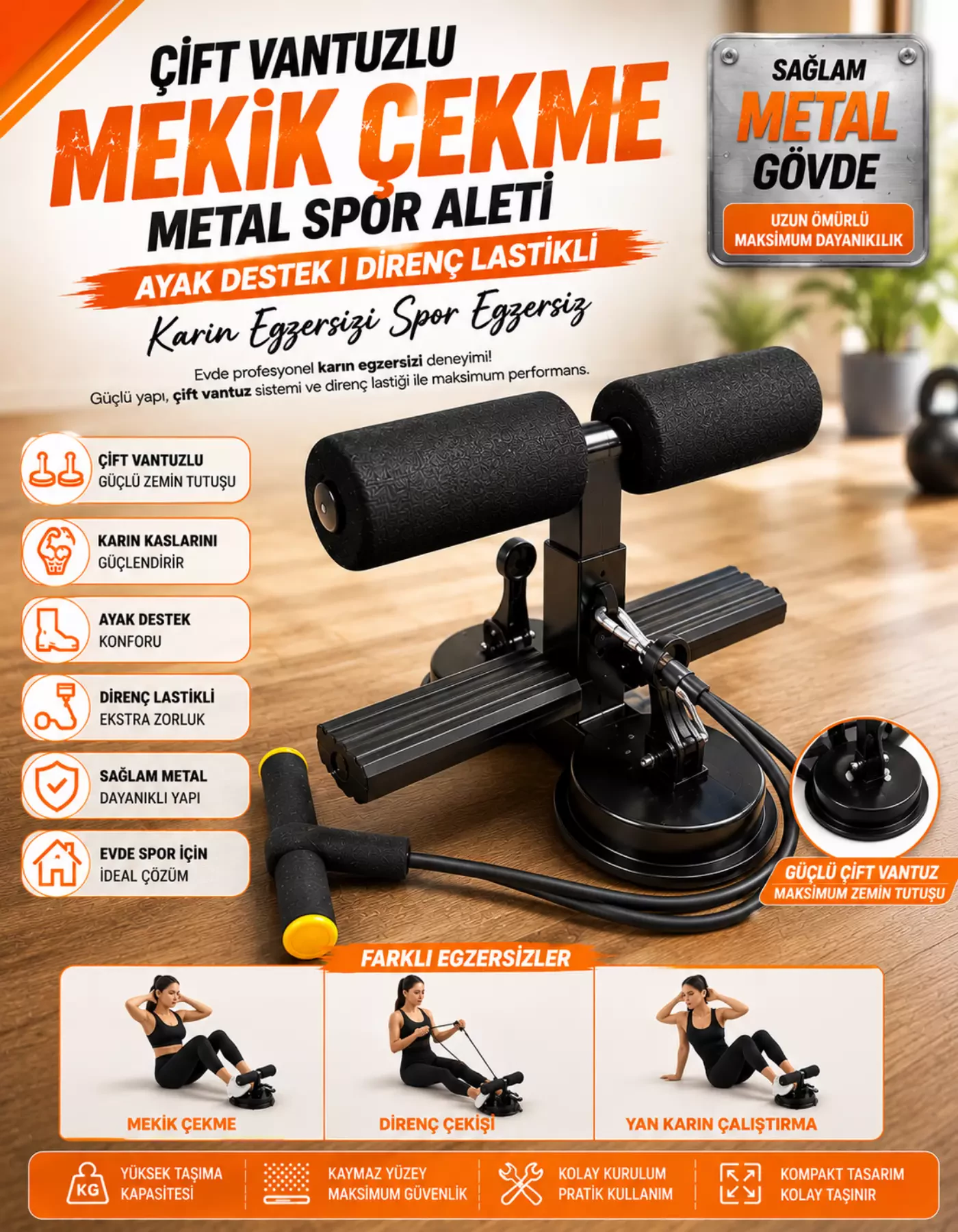 Çift Vantuzlu Mekik Çekme Metal Spor Aleti Ayak Destek Direnç Lastikli Karın Egzersizi Spor Egzersiz