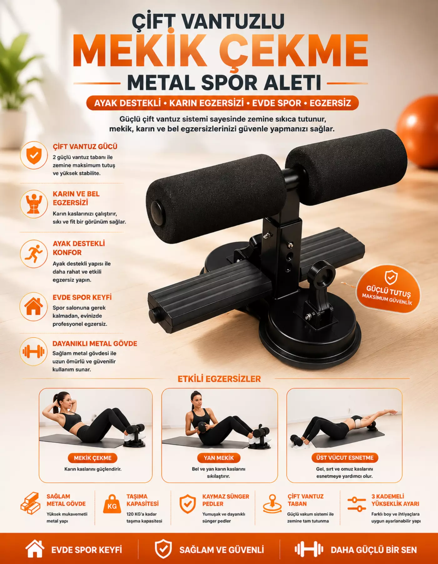 Çift Vantuzlu Mekik Çekme Metal Spor Aleti Ayak Destekli Karın Egzersizi Evde Spor Egzersiz