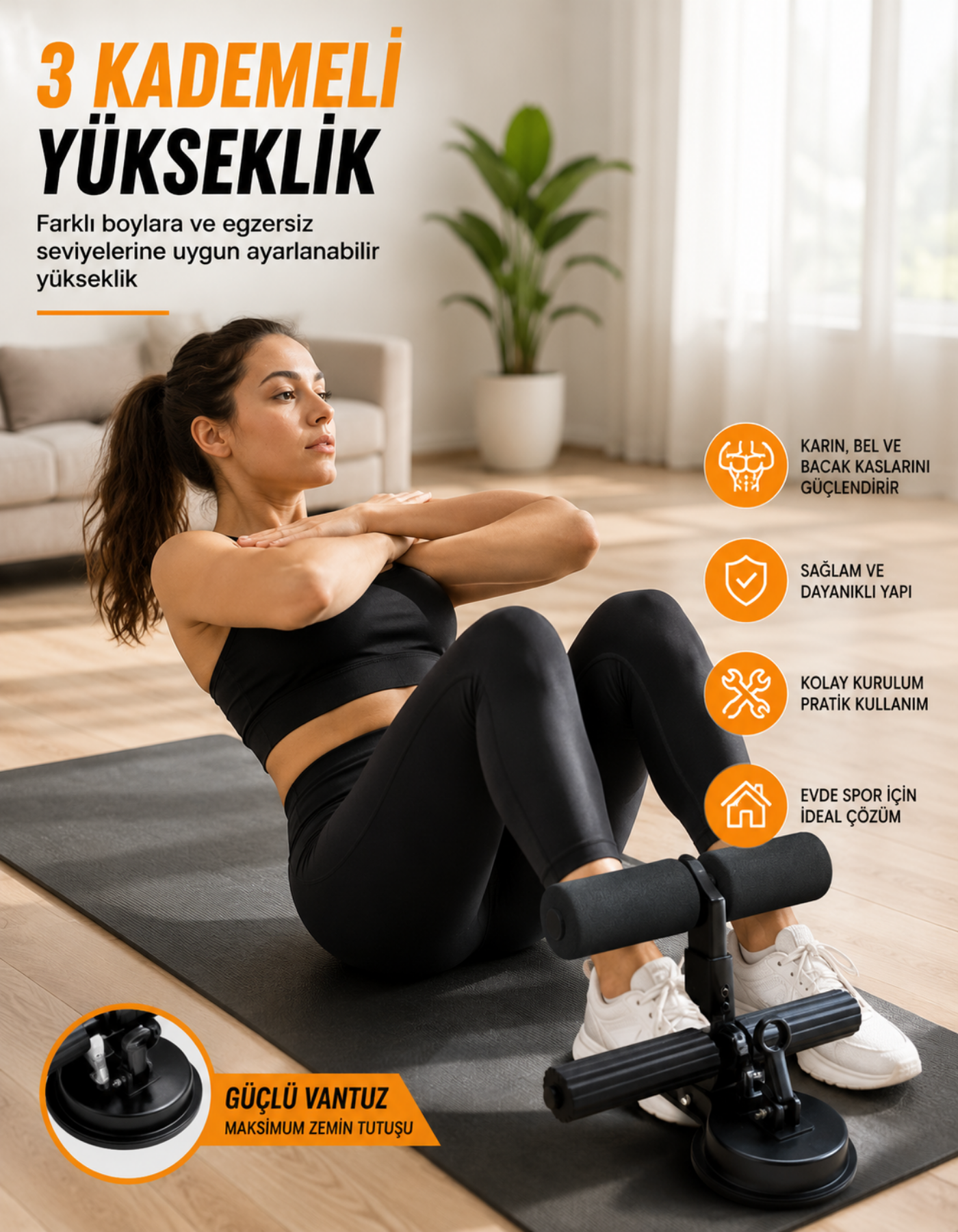 Çift Vantuzlu Mekik Çekme Metal Spor Aleti Ayak Destekli Karın Egzersizi Evde Spor Egzersiz