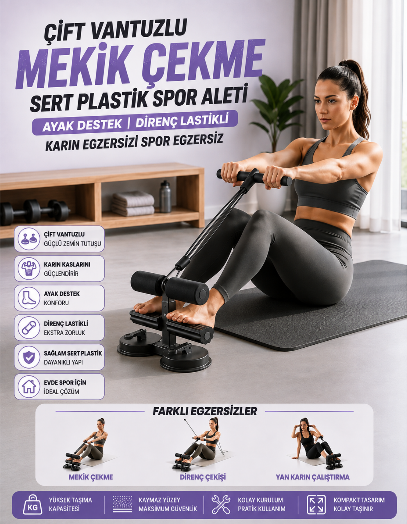 Çift Vantuzlu Mekik Çekme Plastik Spor Aleti Direnç Lastikli Ayaklıklı Karın Egzersizi Spor Egzersiz