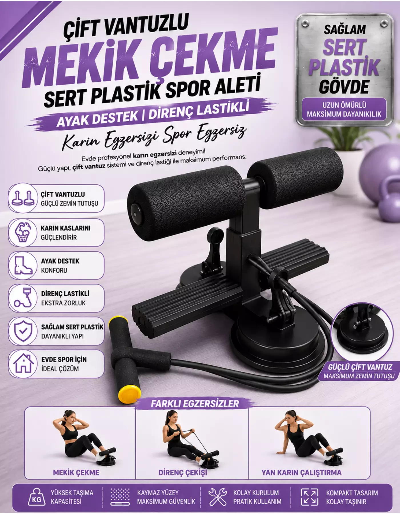 Çift Vantuzlu Mekik Çekme Plastik Spor Aleti Direnç Lastikli Ayaklıklı Karın Egzersizi Spor Egzersiz
