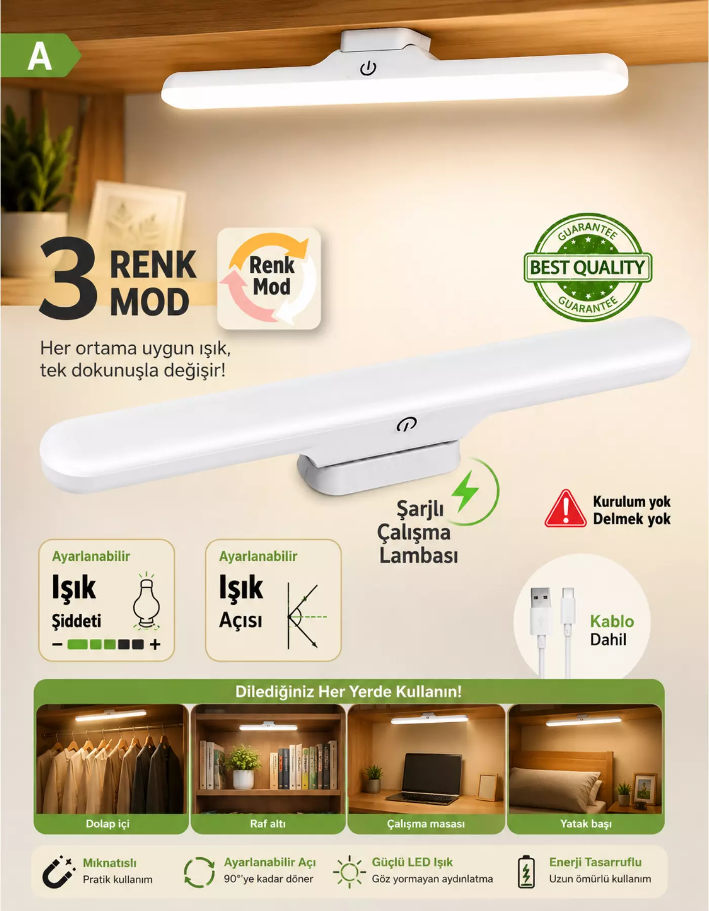 Ct-5249 Şarjlı Led Işık Usb Şarjlı Kablosuz Mıknatıslı Led Lamba Beyaz Kasa 3 Farklı Işık Rengi