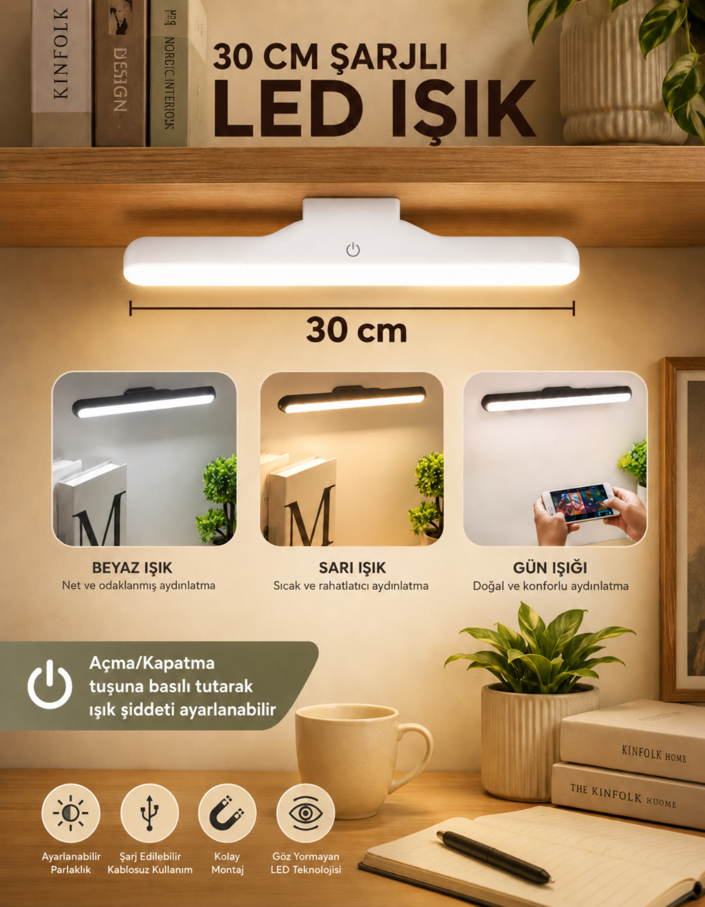 Ct-5249 Şarjlı Led Işık Usb Şarjlı Kablosuz Mıknatıslı Led Lamba Beyaz Kasa 3 Farklı Işık Rengi